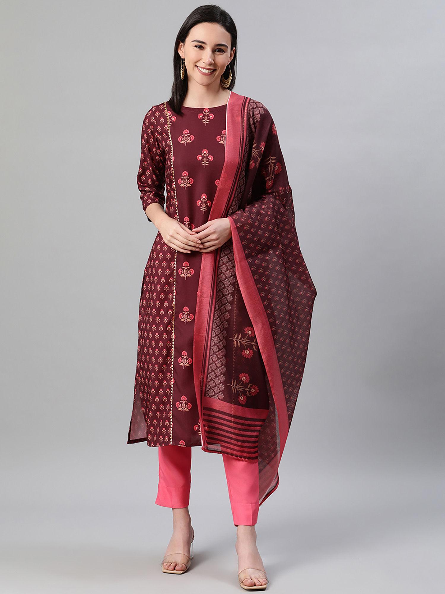 women's maroon colour screen print straight kurta, pant and dupatta (set of 3)