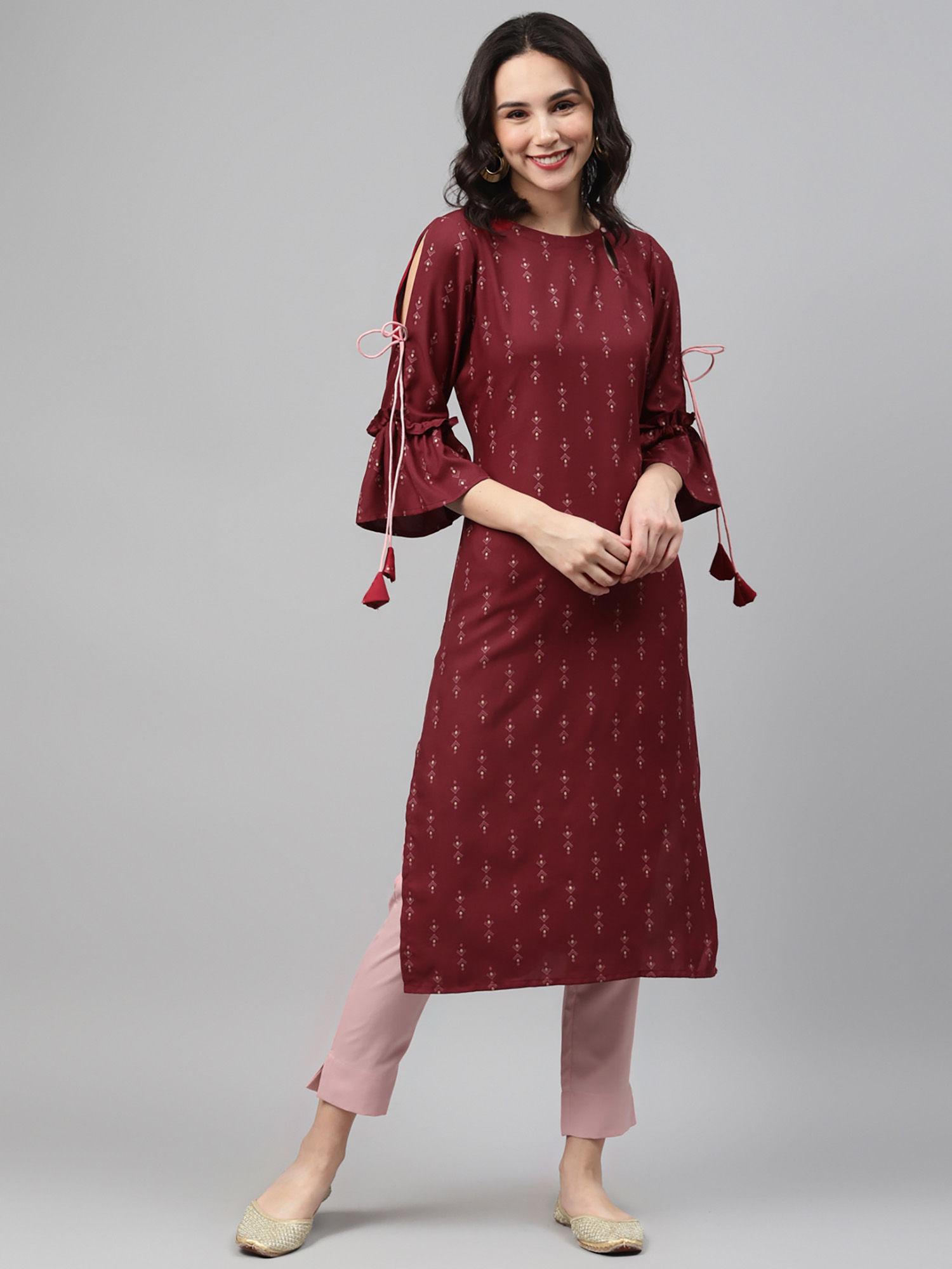 women's maroon colour screen print straight kurta