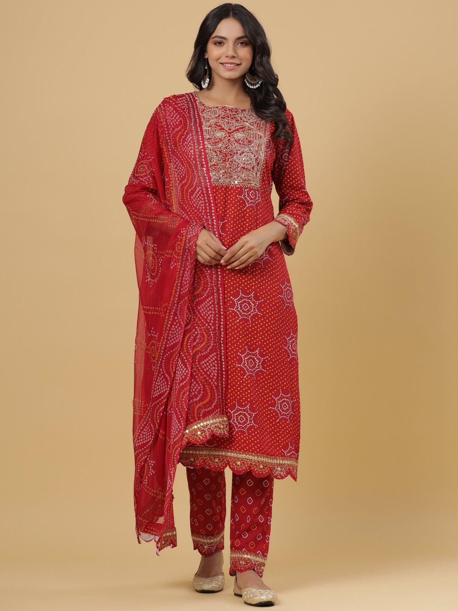women's maroon rayon printed straight kurta pant dupatta set (set of 3)