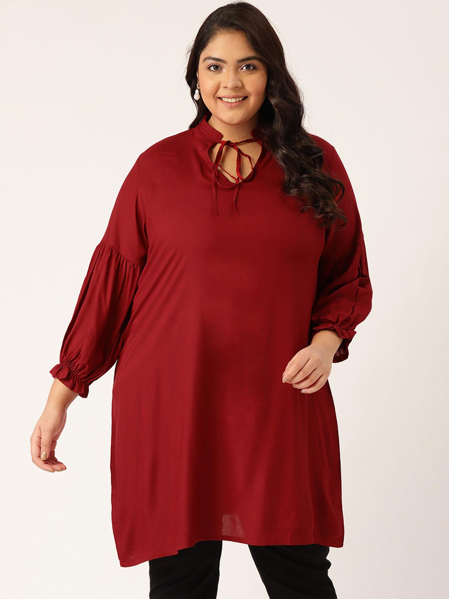 women's maroon solid color notch neck tunic