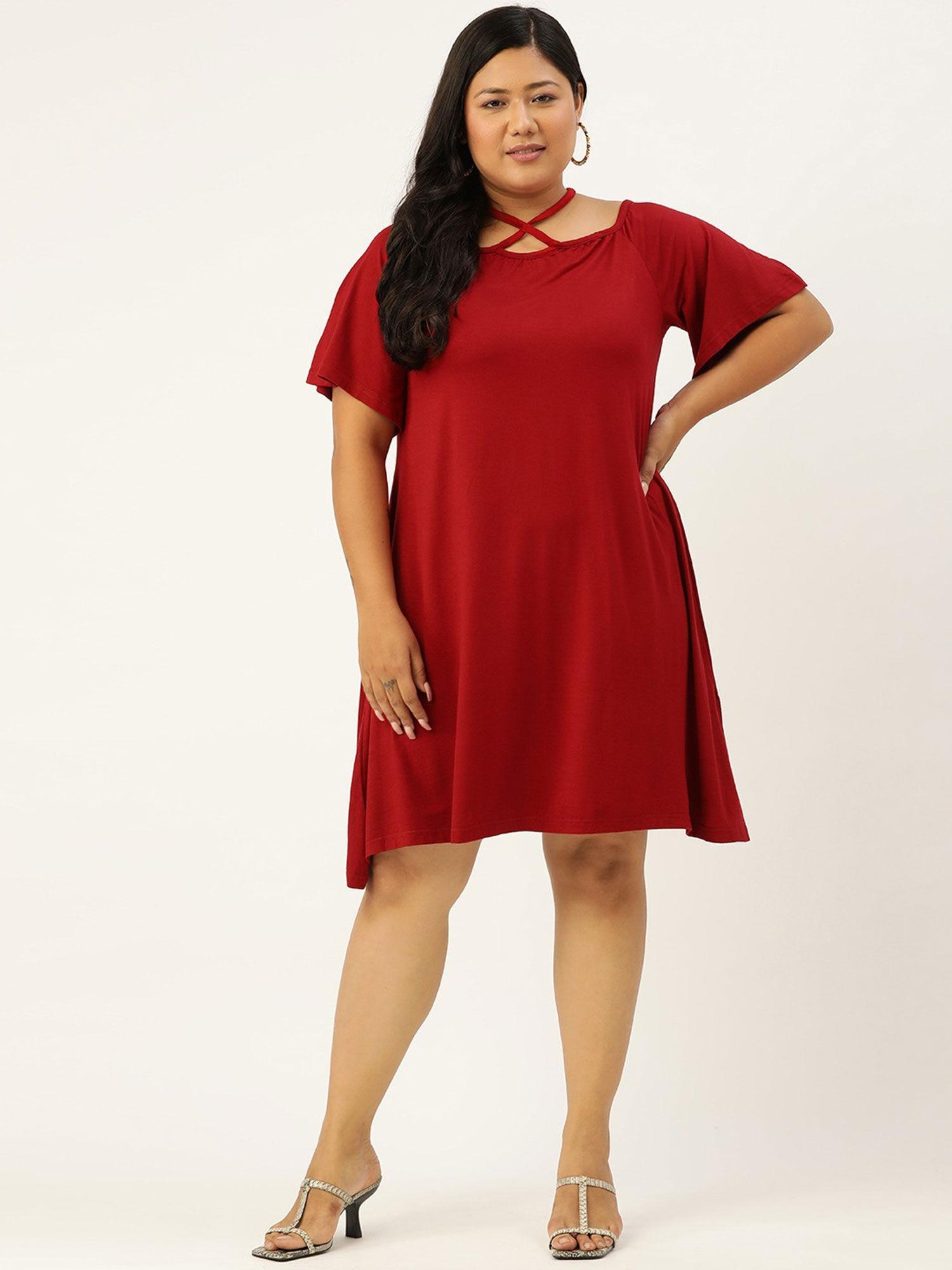 women's maroon solid color party wear a-line dress