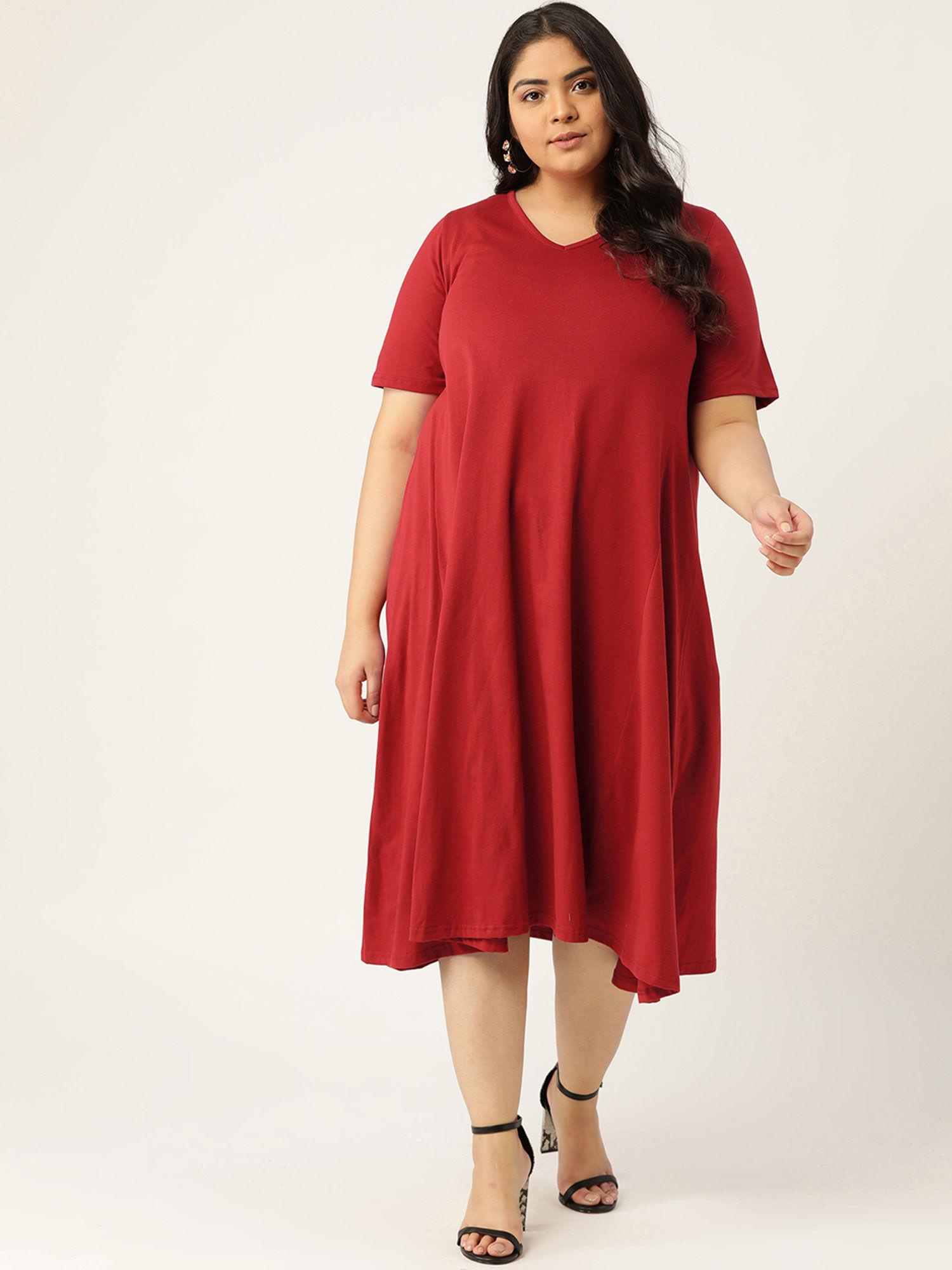 women's maroon solid color v-neck cotton a-line dress