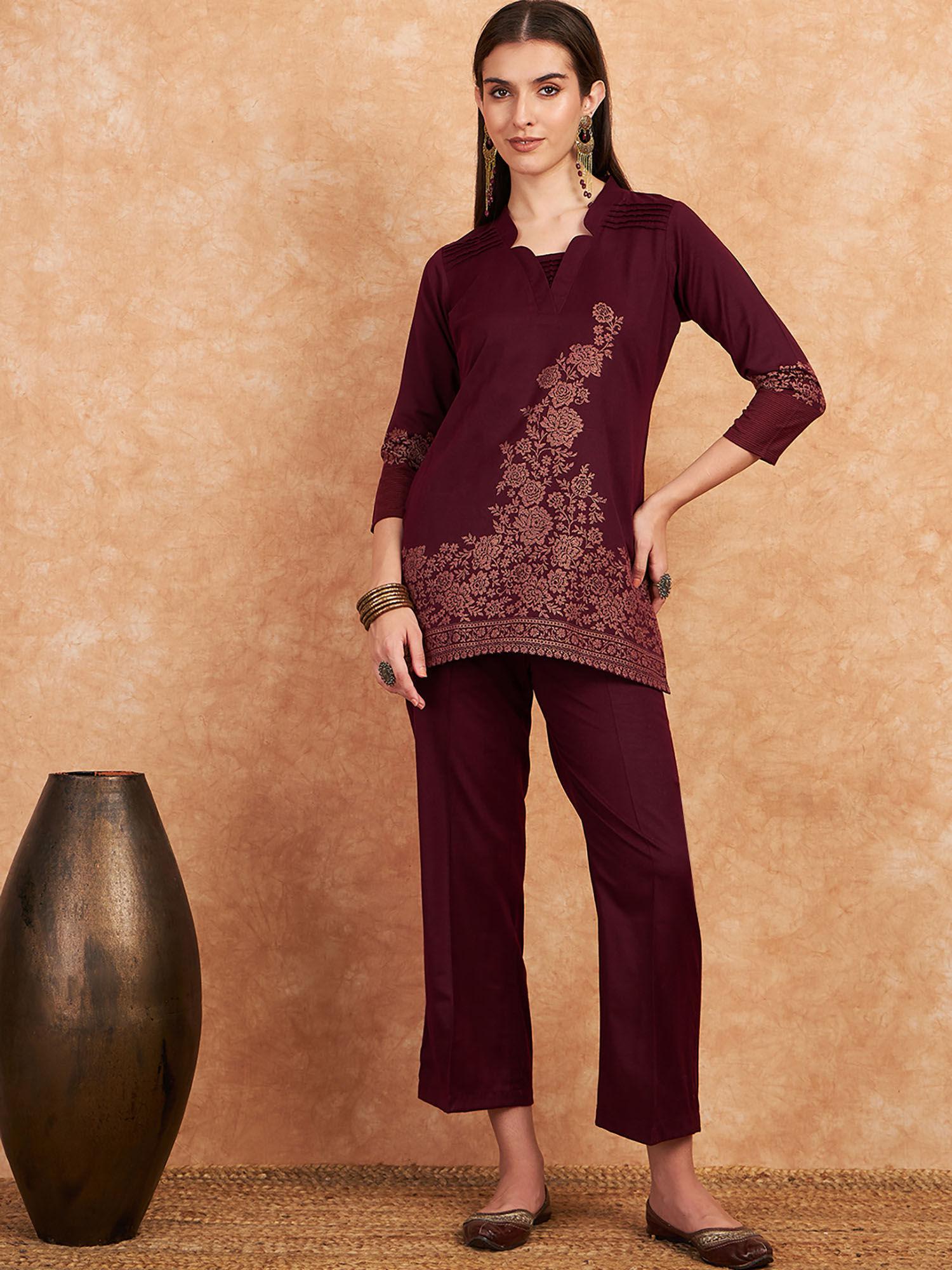 women's maroon woven design pashmina tunic & trouser (set of 2)