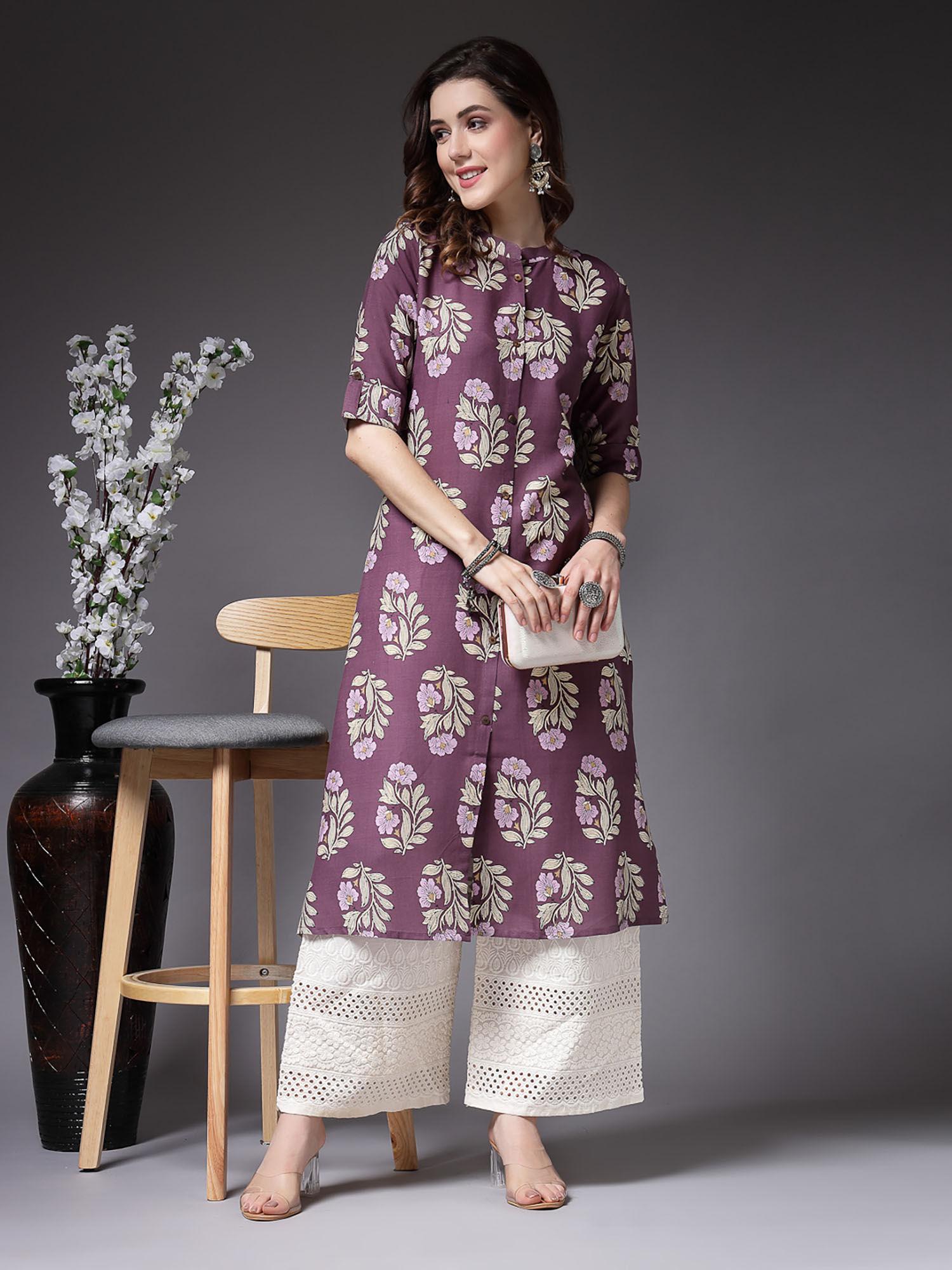 women's mauve floral printed rayon a-line kurta