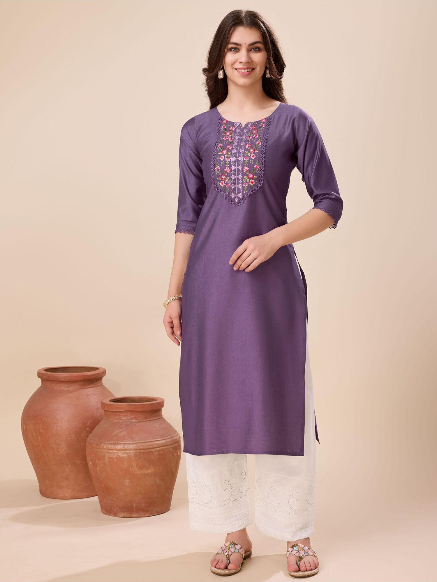 women's mauve viscose sequined embroidered straight kurta