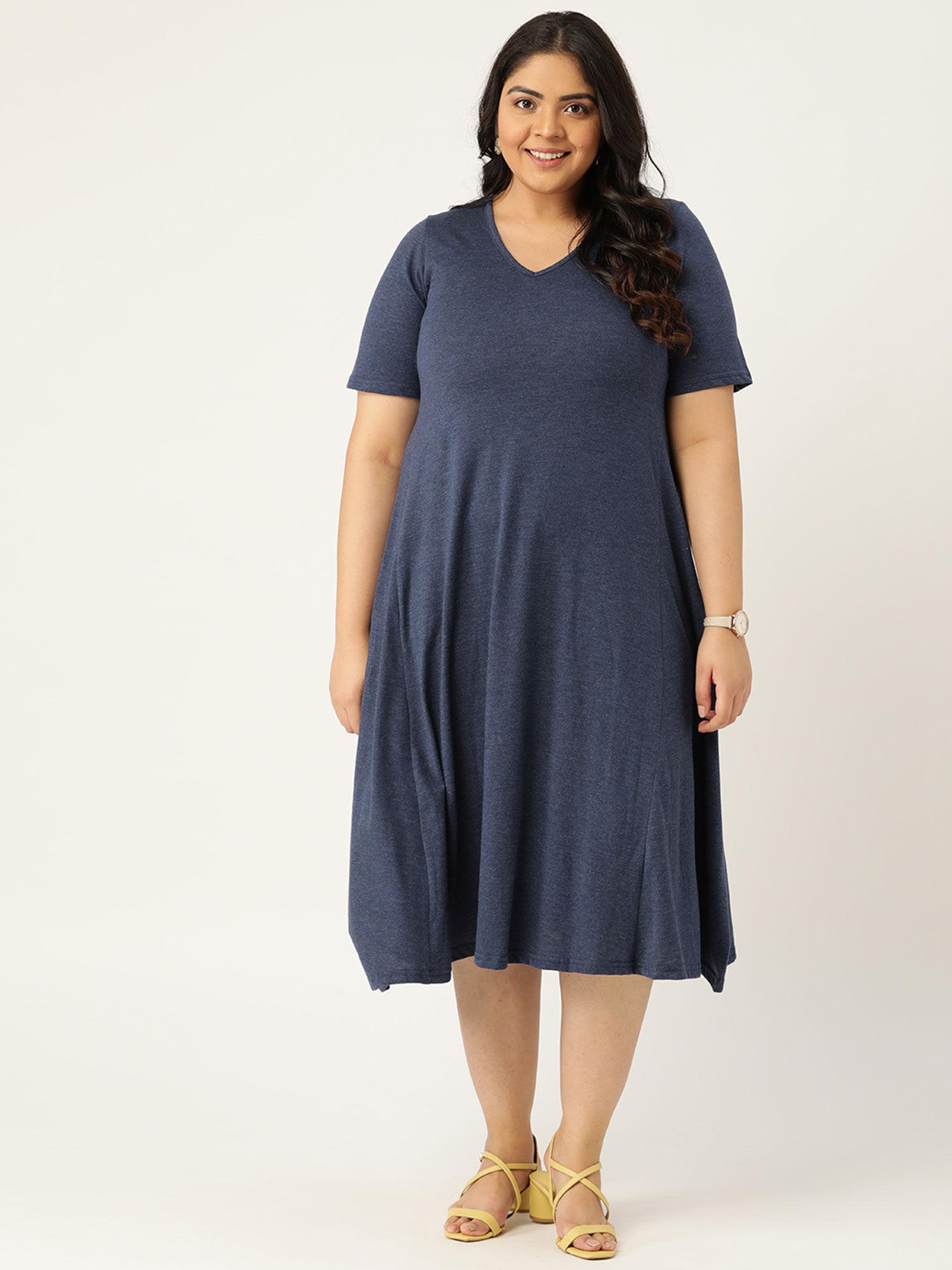women's melange blue solid color v-neck cotton a-line dress