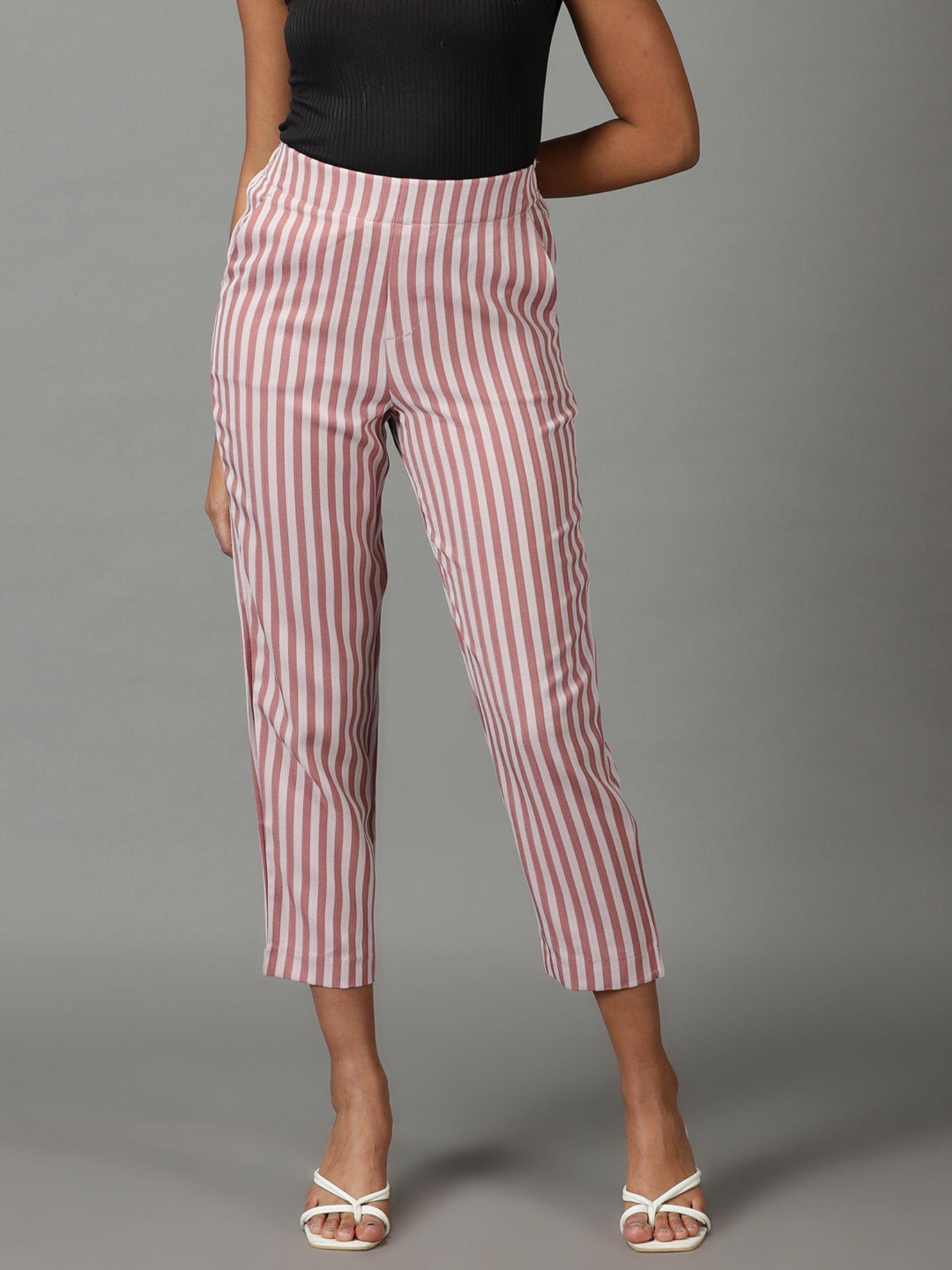 women's mid-rise mauve striped straight fit formal trousers