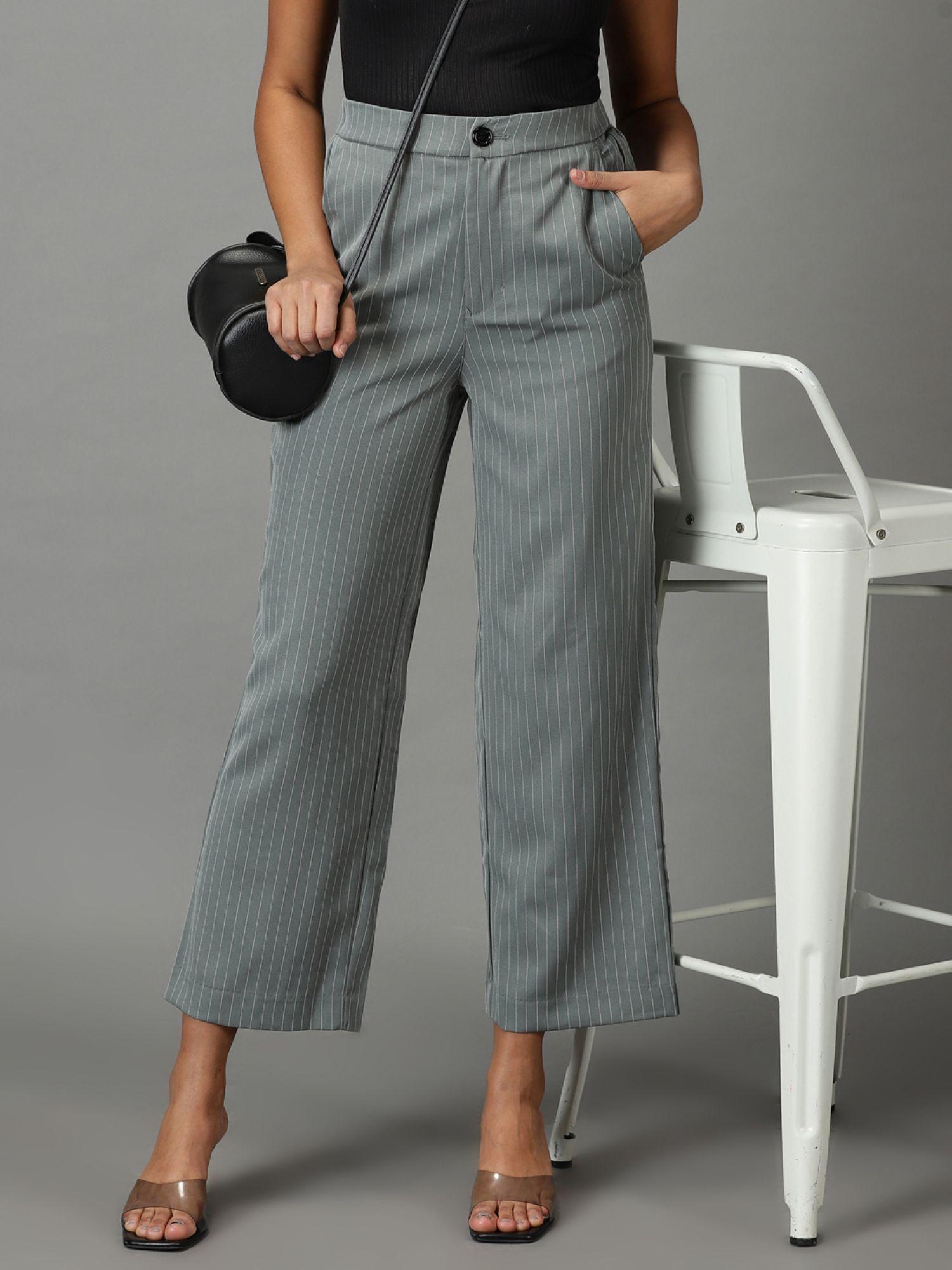 women's mid-rise olive striped straight fit formal trousers