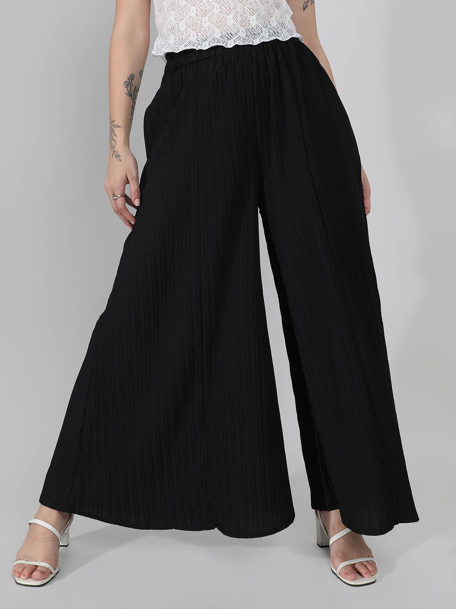 women's midnight black striped piping flared trousers