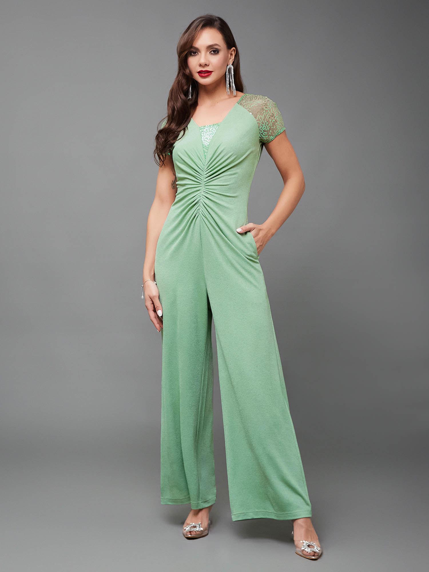 women's mint square sheer sleeves embellished ruching regular jumpsuit