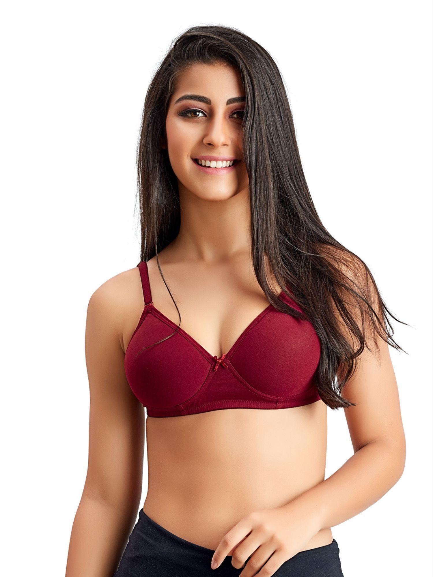 women's mold padded non wired 1112 plain maroon cotton lycra bra