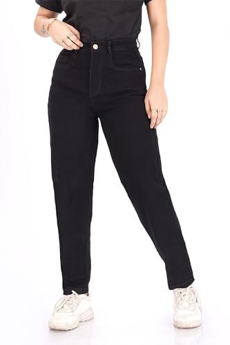 women's mom fit jeans i denim ankle length stretchable pant with curved pocket i clean solid high waist loose fit pants i stylish & trendy look i for office party home girls & women (32, black)