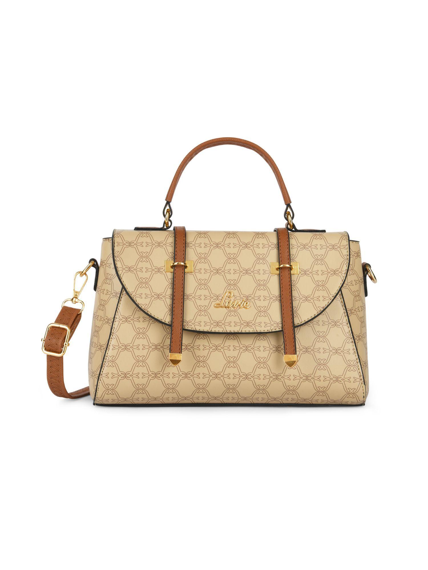 women's mono beech flap handbag with detachable strap- beige (l)