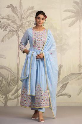 women's mulmul mirror and sequin embroidered anarkali suit set - blue