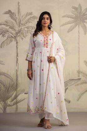 women's mulmul mirror and sequin embroidered anarkali suit set - white