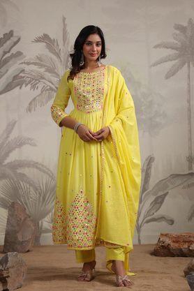 women's mulmul mirror and sequin embroidered anarkali suit set - yellow