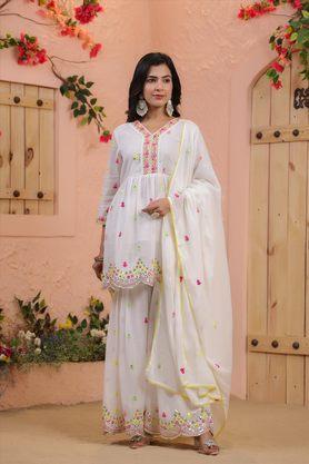 women's mulmul mirror and sequin embroidered peplum kurta sharara and dupatta set - white