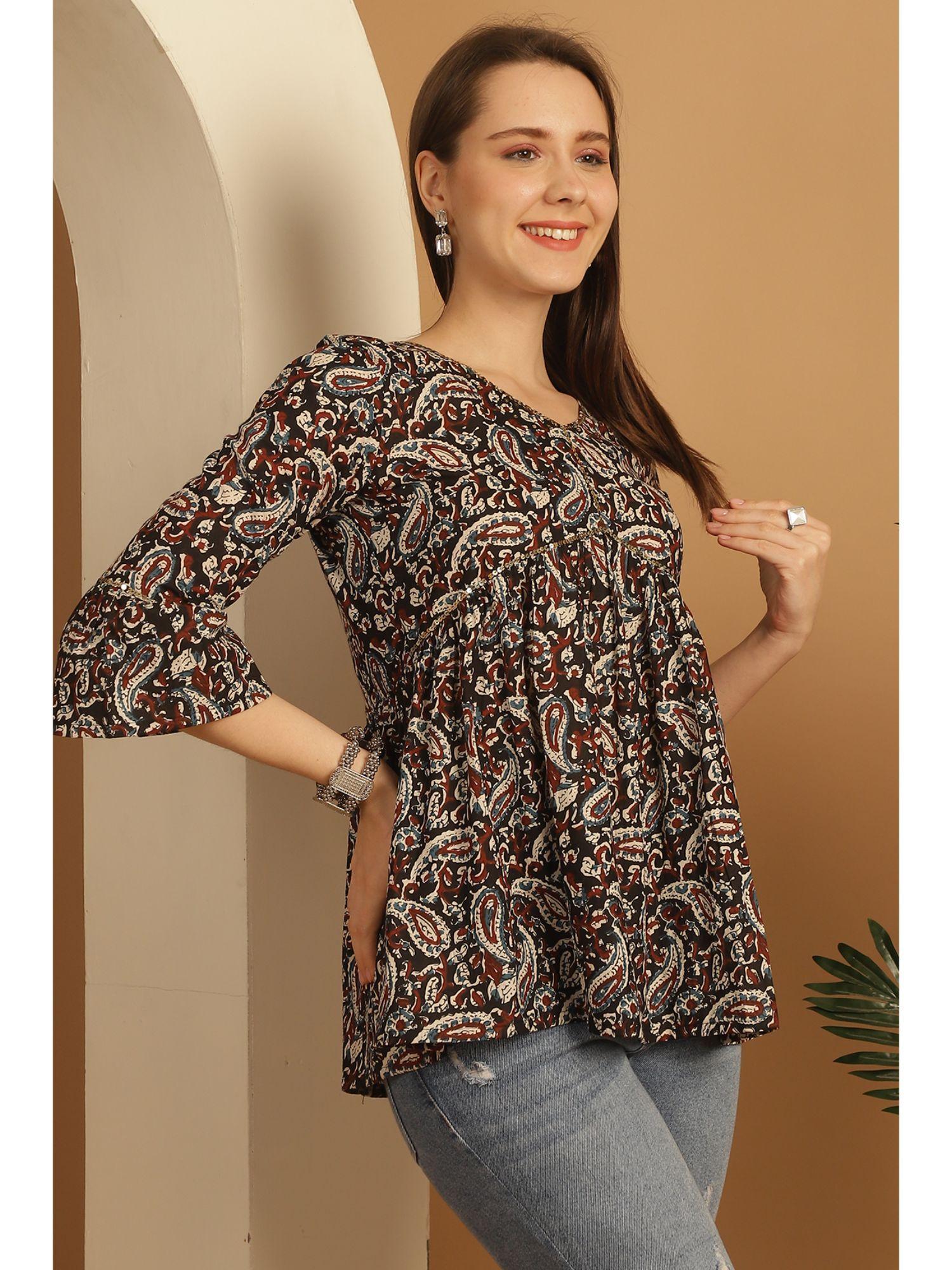 women's multi-color pure cotton paisley printed short tunic