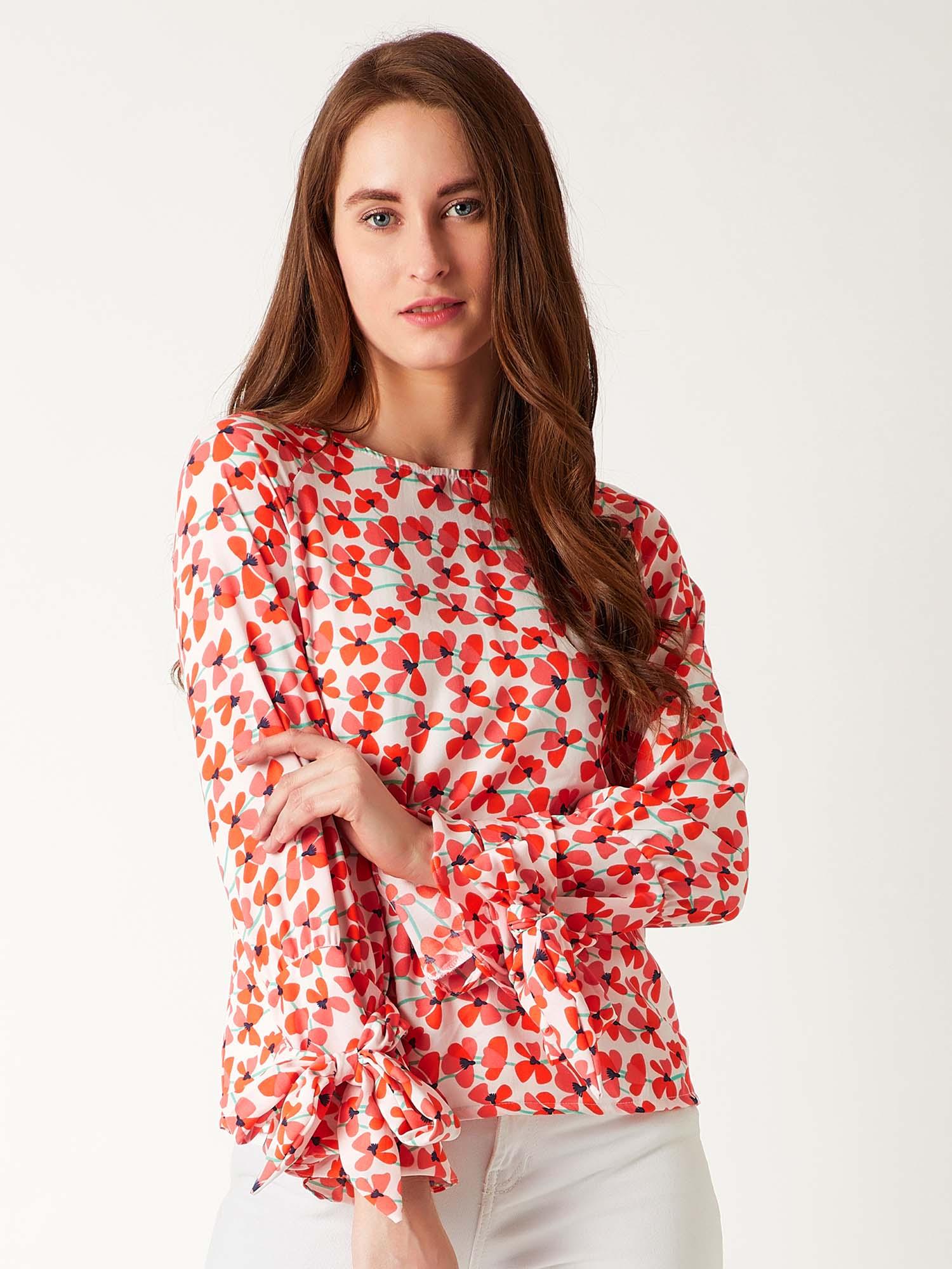 women's multi-color round neck paneled flared full sleeve floral top