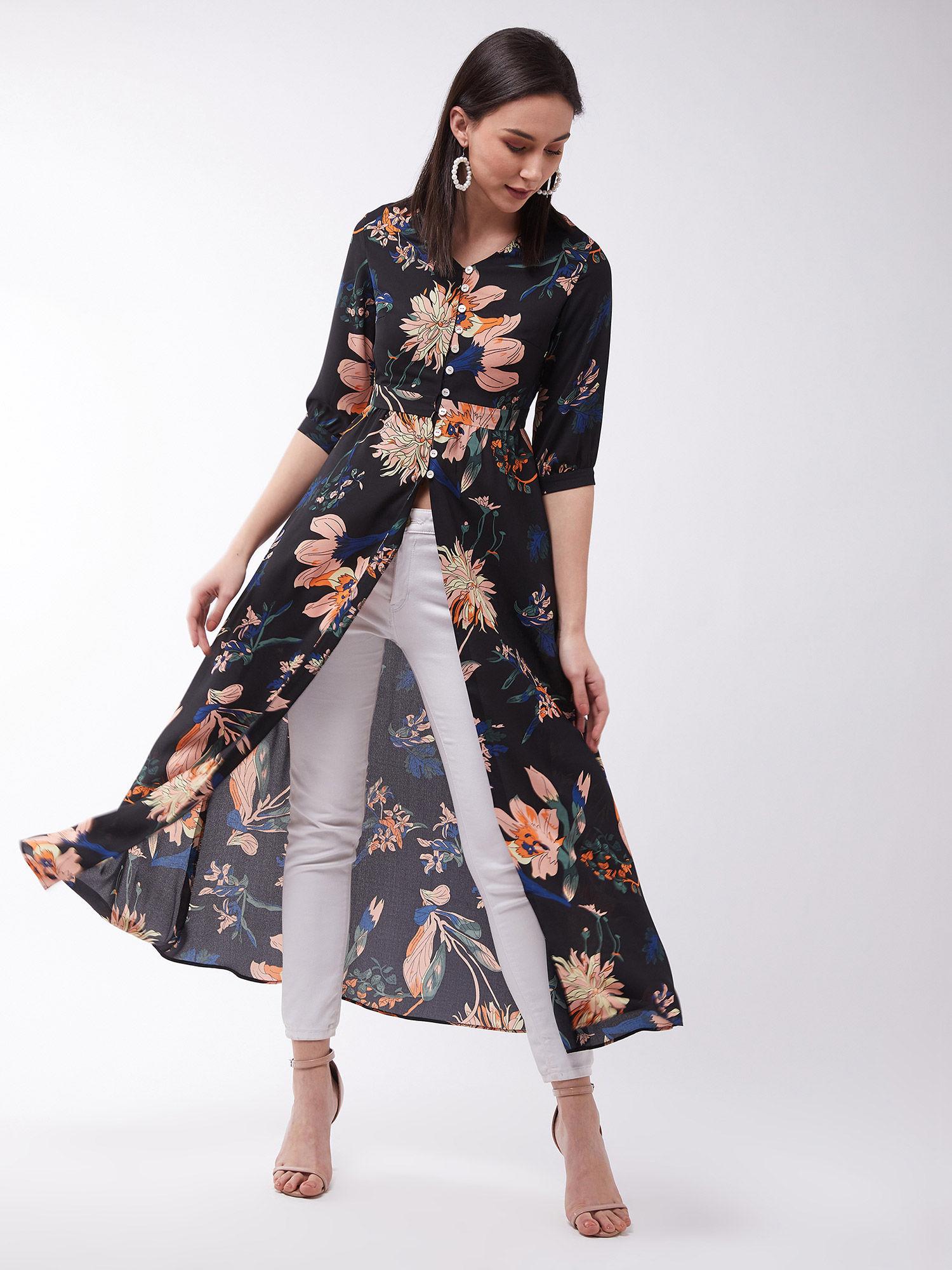 women's multicolor floral printed polyester regular fit v neck 3/4 sleeve maxi top