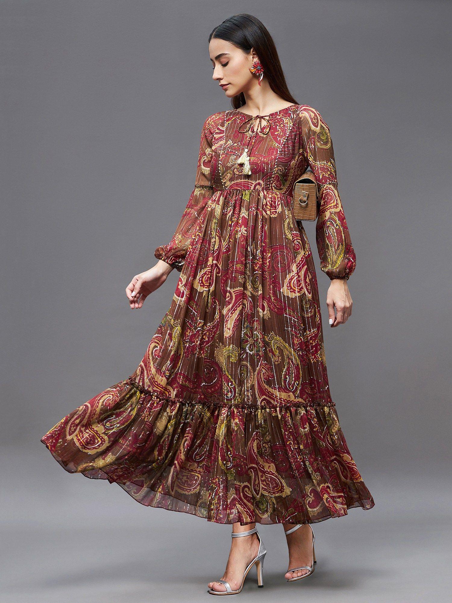 women's multicolored-base-brown relaxed fit maxi lurex chiffon dress