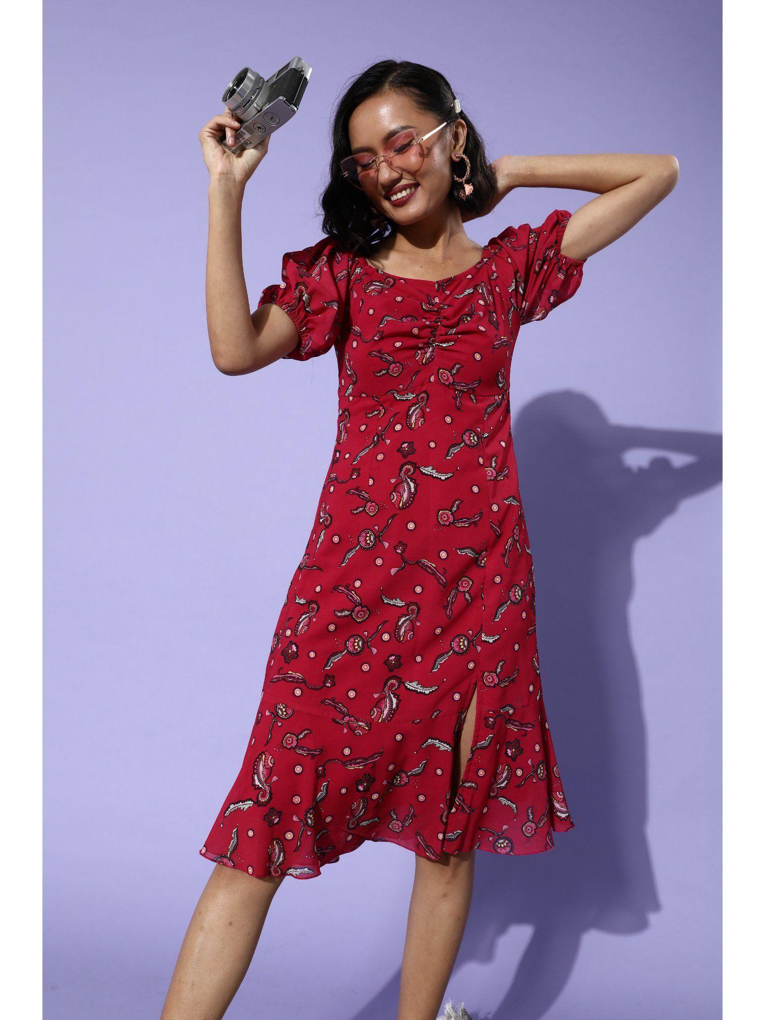 women's multicolored-base-dark pink sweetheart half sleeve floral fit & flare midi dress