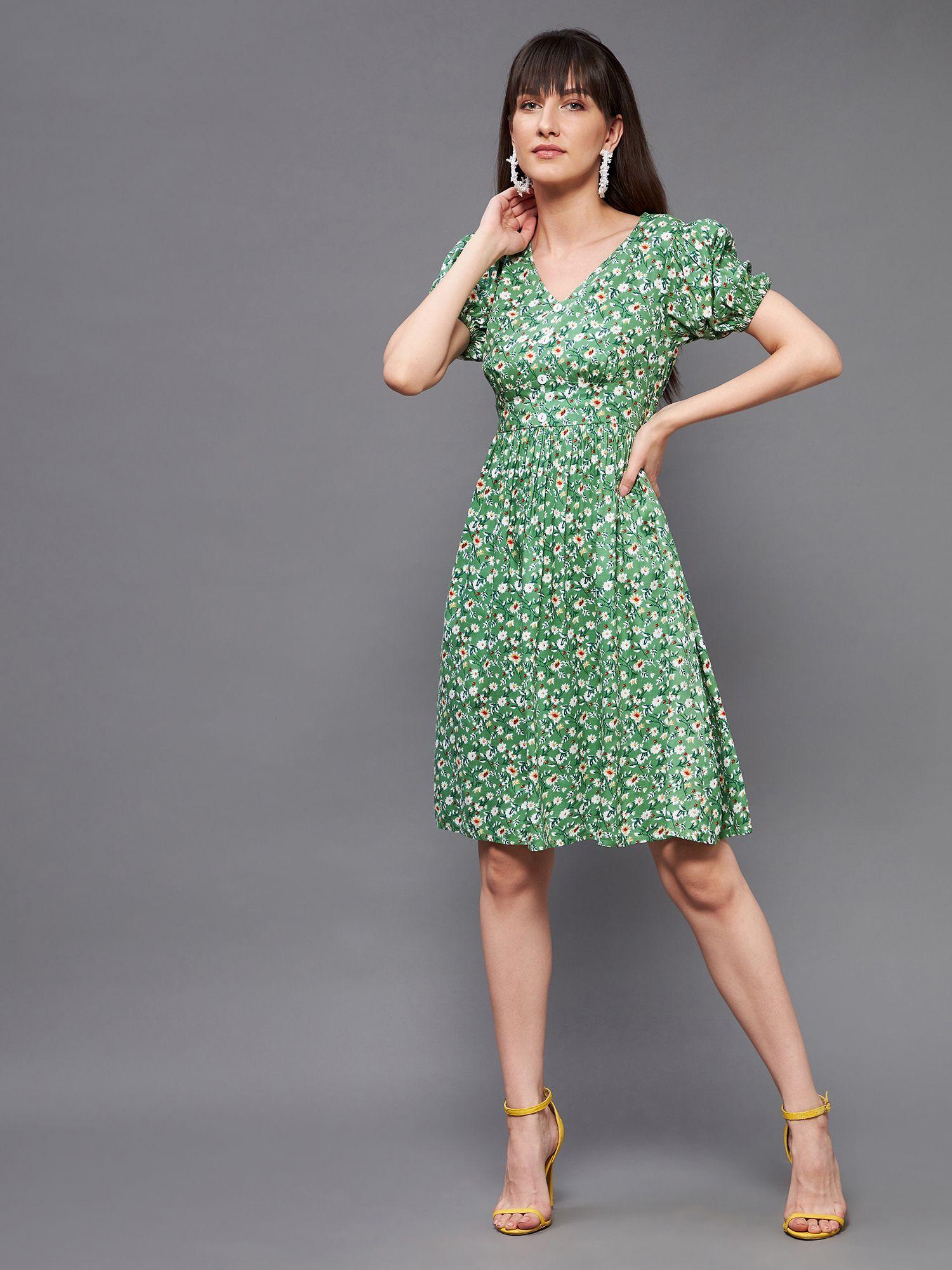 women's multicolored-base-green v neck short sleeve viscose floral fit & flare dress