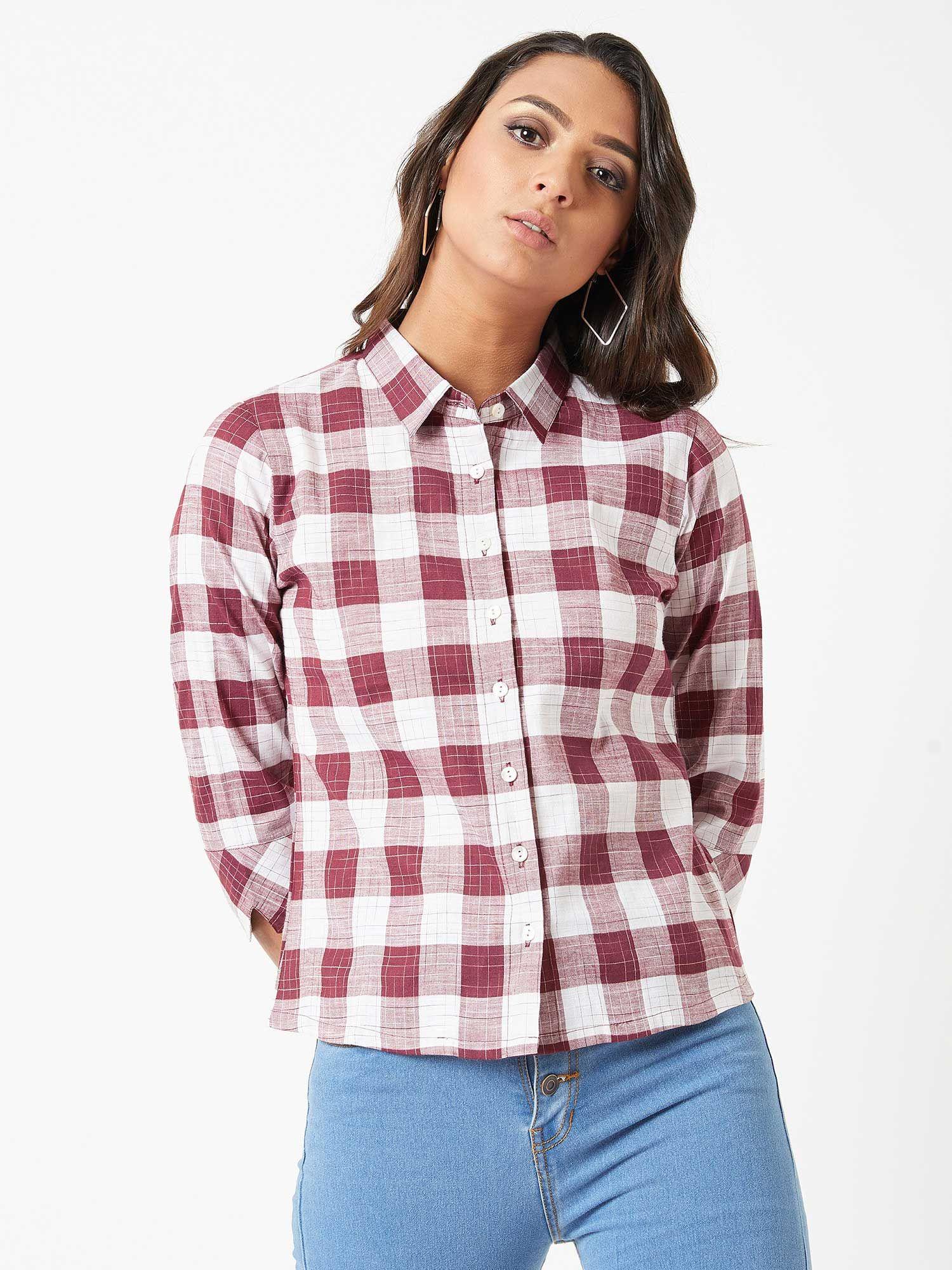 women's multicolored-base white collared 3/4 sleeves checkered basic regular shirt