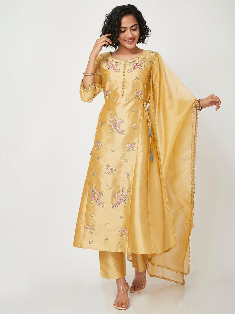 women's mustard polyester printed kurta pyjama dupatta sets