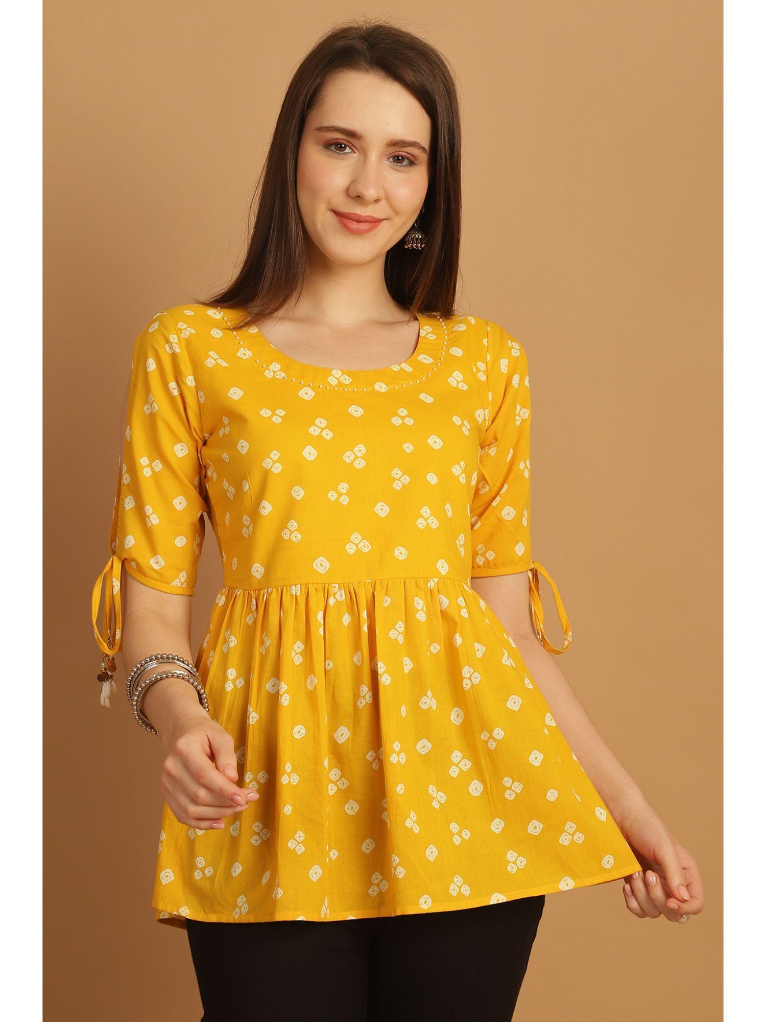 women's mustard pure cotton bandhani printed short tunic