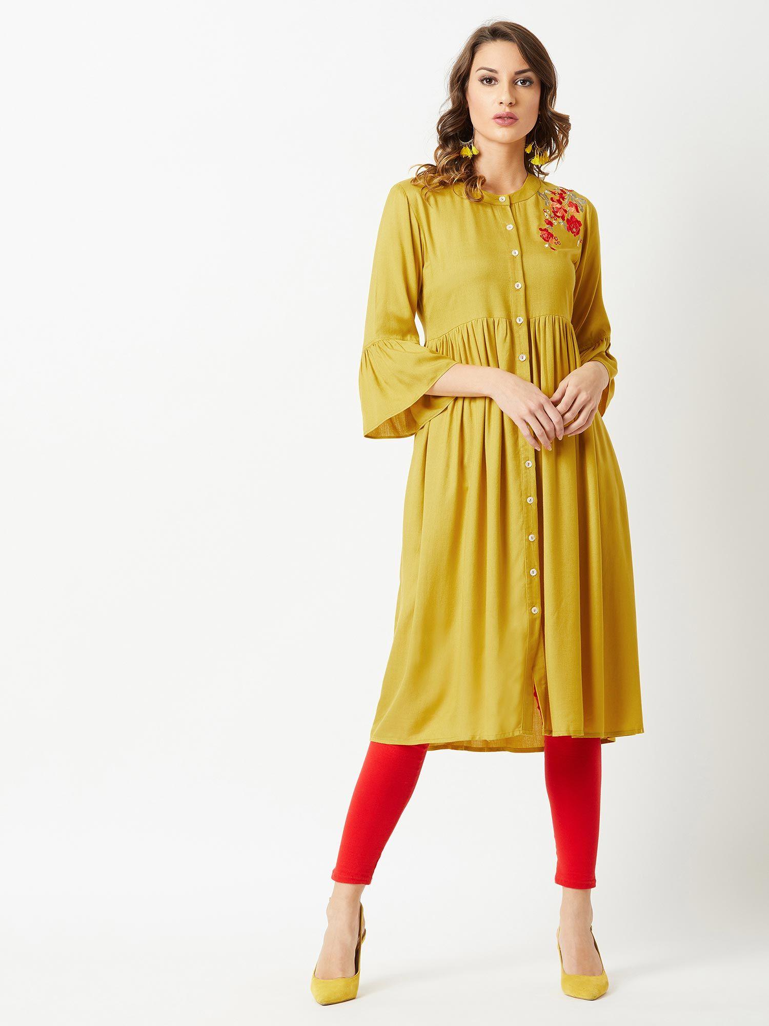 women's mustard round neck 3/4th sleeve solid embroidered gathered midi dress