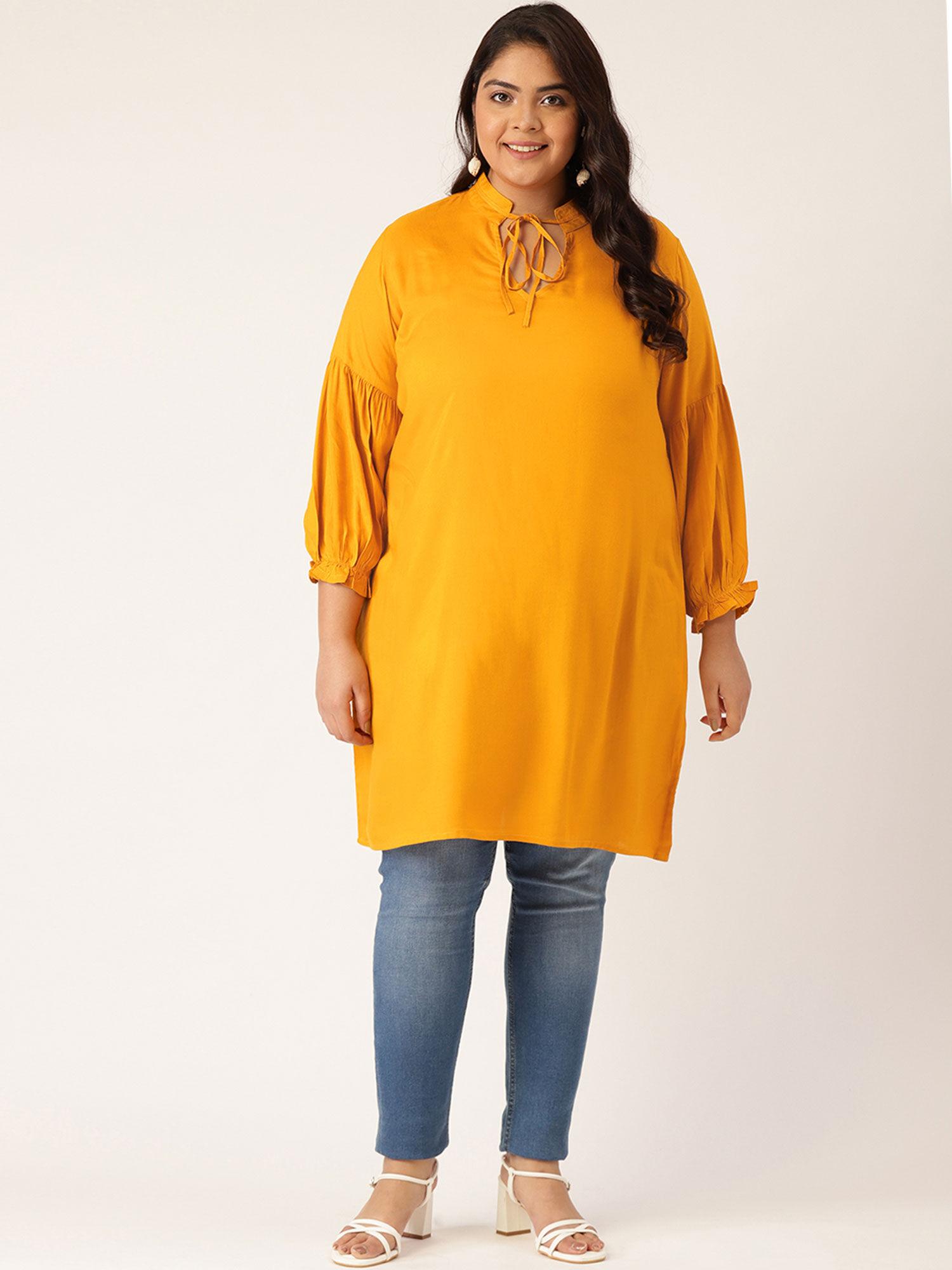 women's mustard solid color notch neck tunic