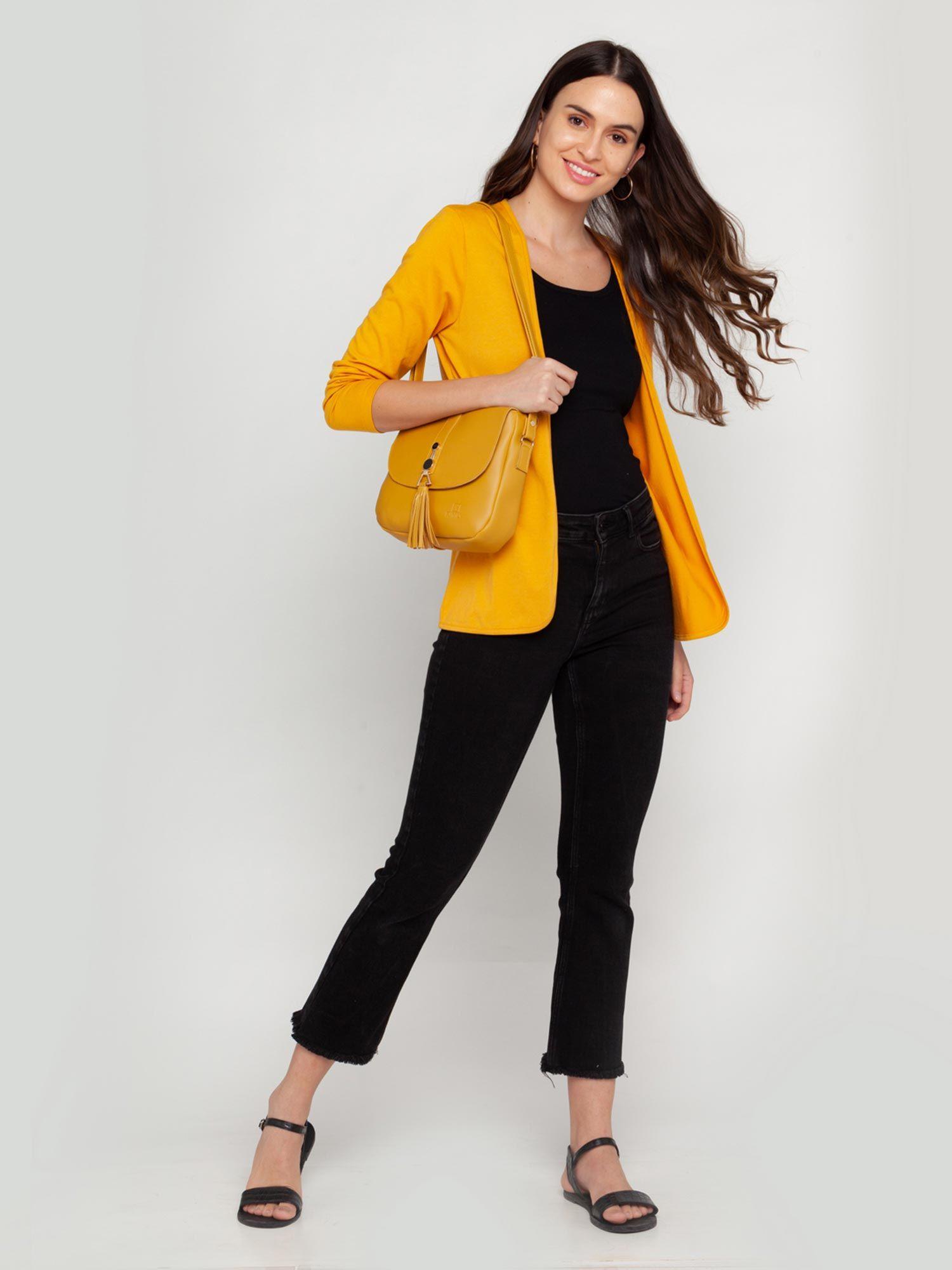 women's mustard solid shrug