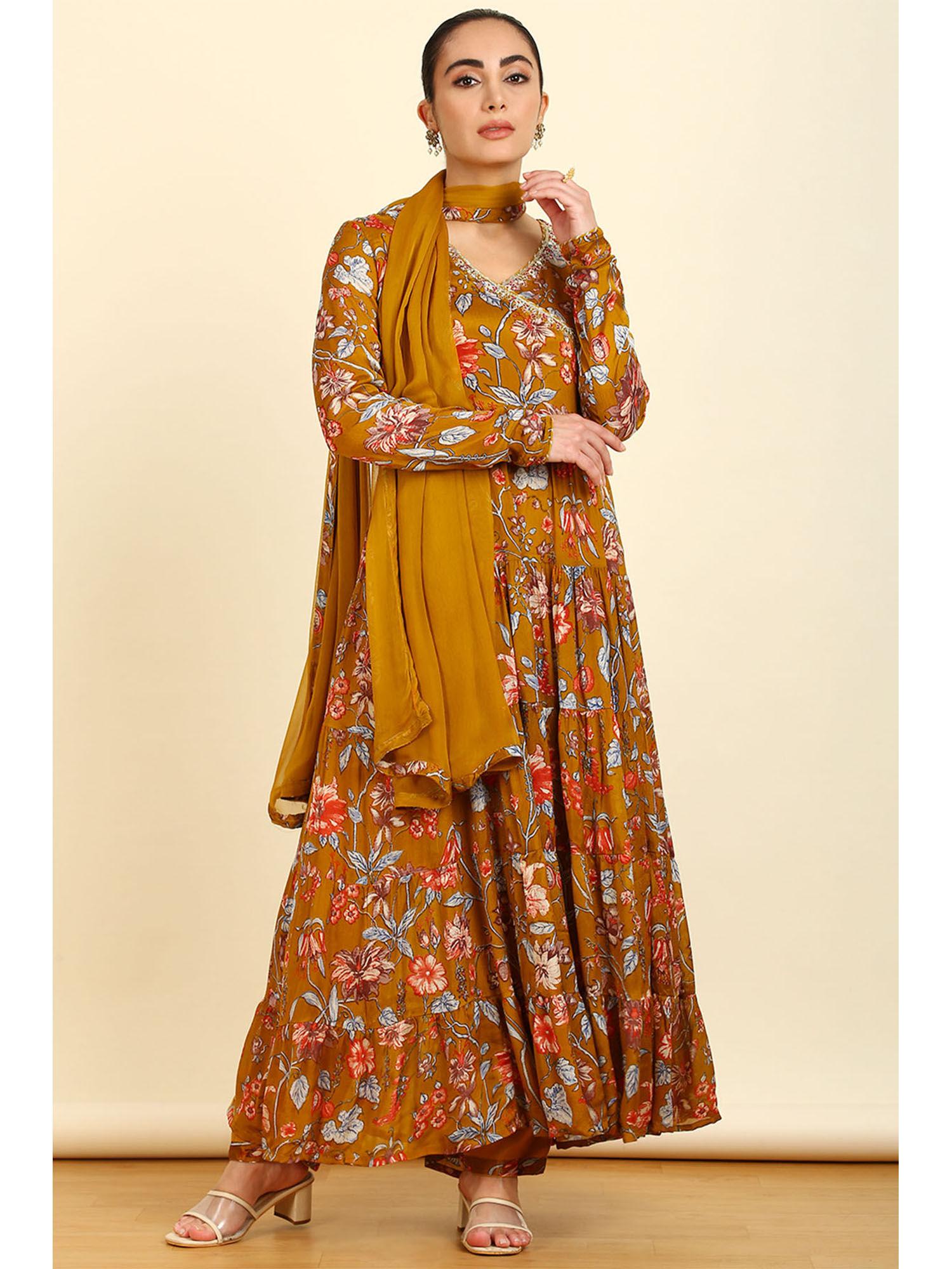 women's mustard viscose print sequins angarkha kurta with pant & dupatta (set of 3)