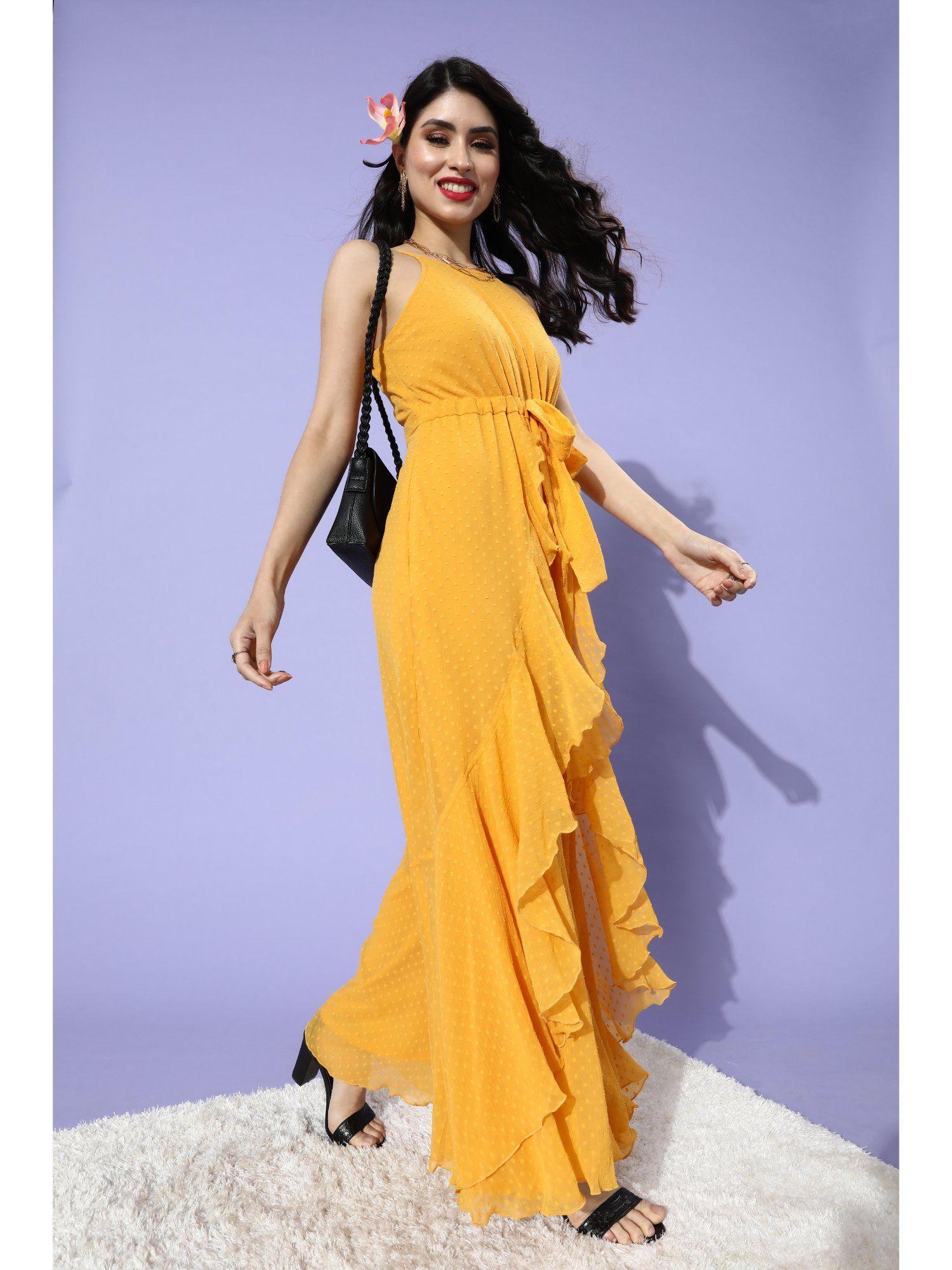 women's mustard-yellow halter neck sleeveless solid ruffled regular jumpsuit