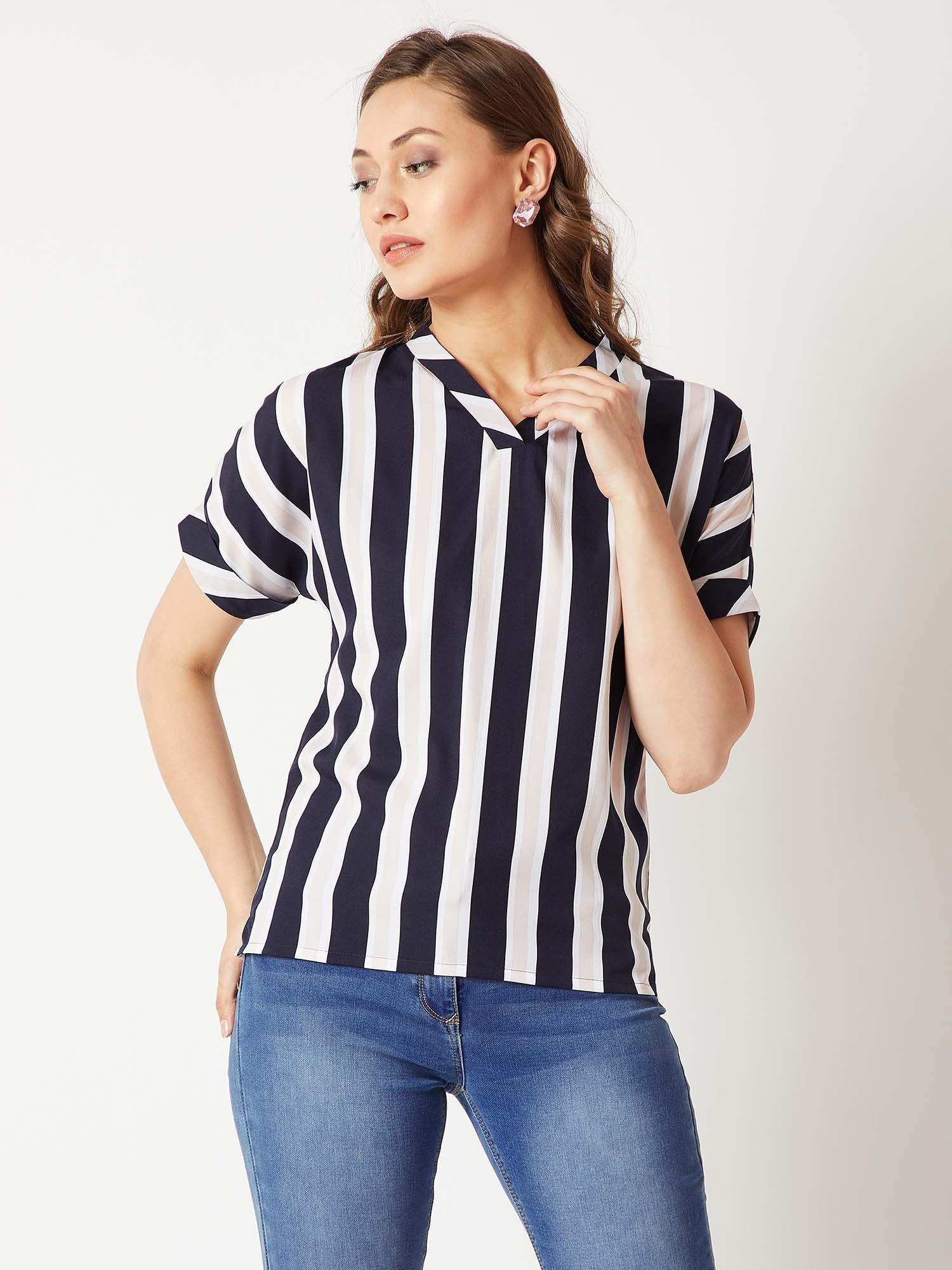 women's navy blue and beige v-neck half sleeve loose fit striped boxy top