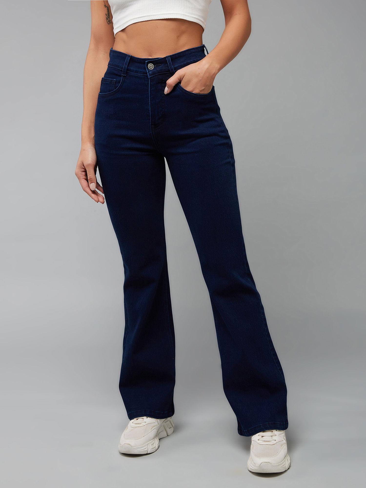 women's navy blue bootcut high rise stretchable denim jeans