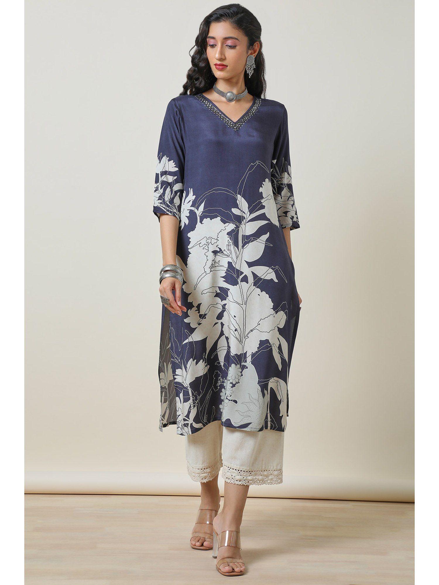 women's navy blue botanical print viscose muslin kurta