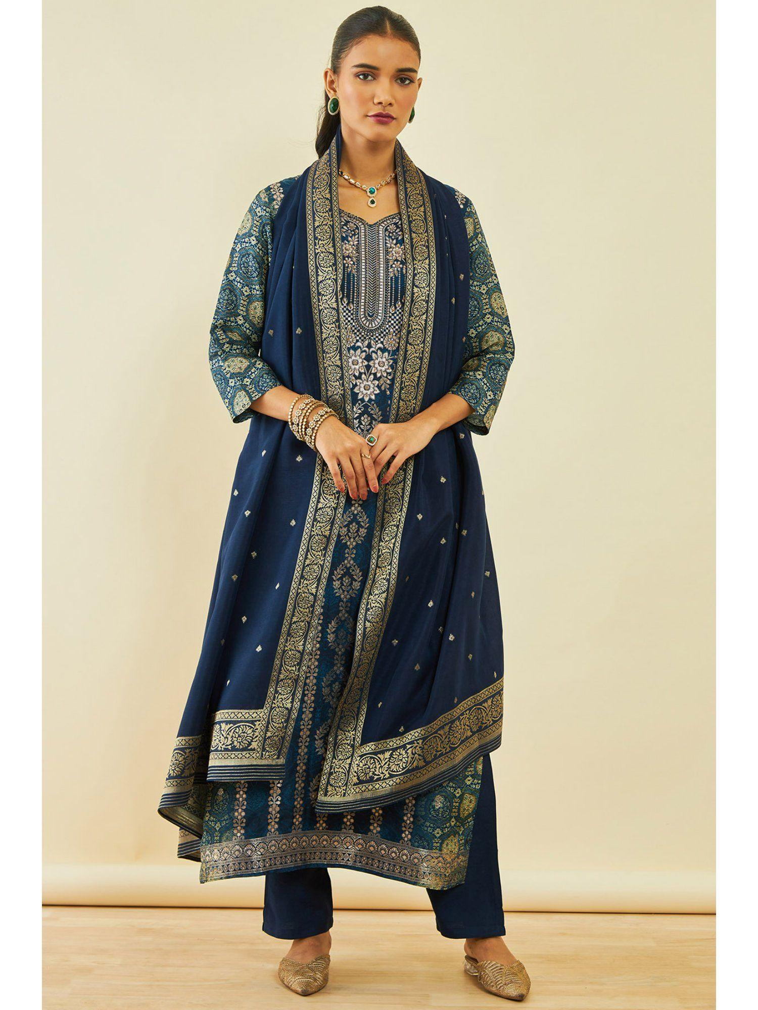 women's navy blue brocade floral print salwar suit with beads and stones (set of 3)