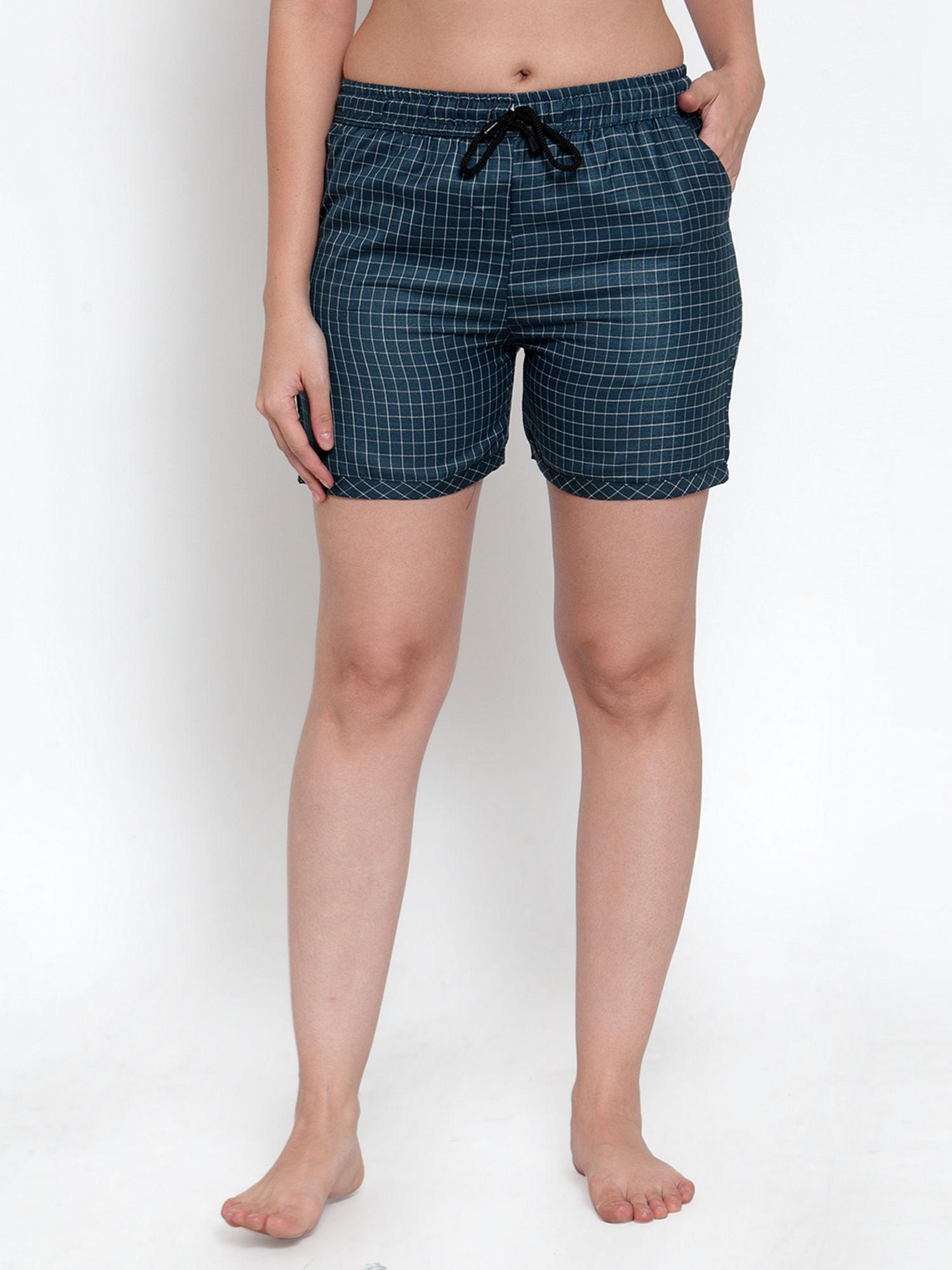 women's navy blue cotton checked shorts