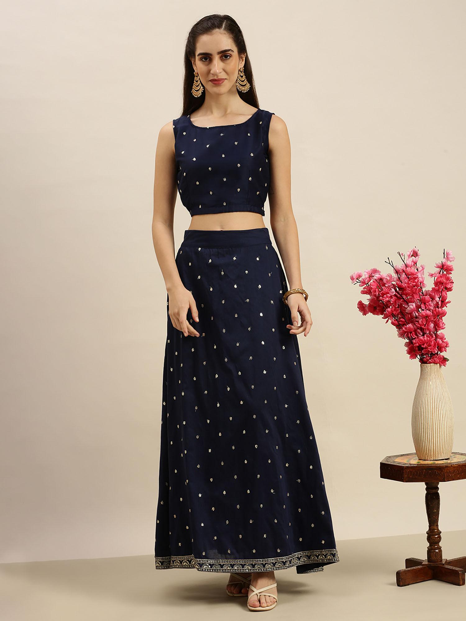 women's navy blue embroidered crop top with skirt (set of 2)