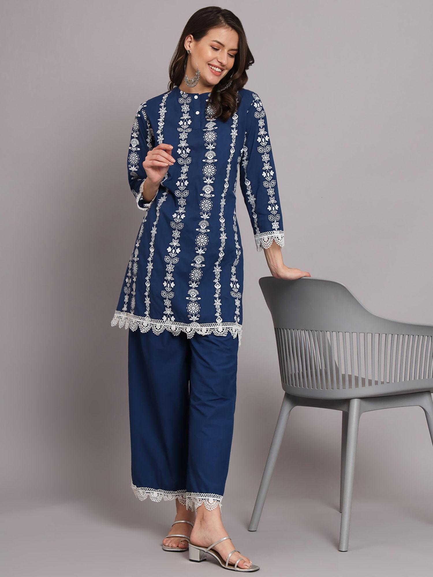 women's navy blue embroidered kurti with threadwork