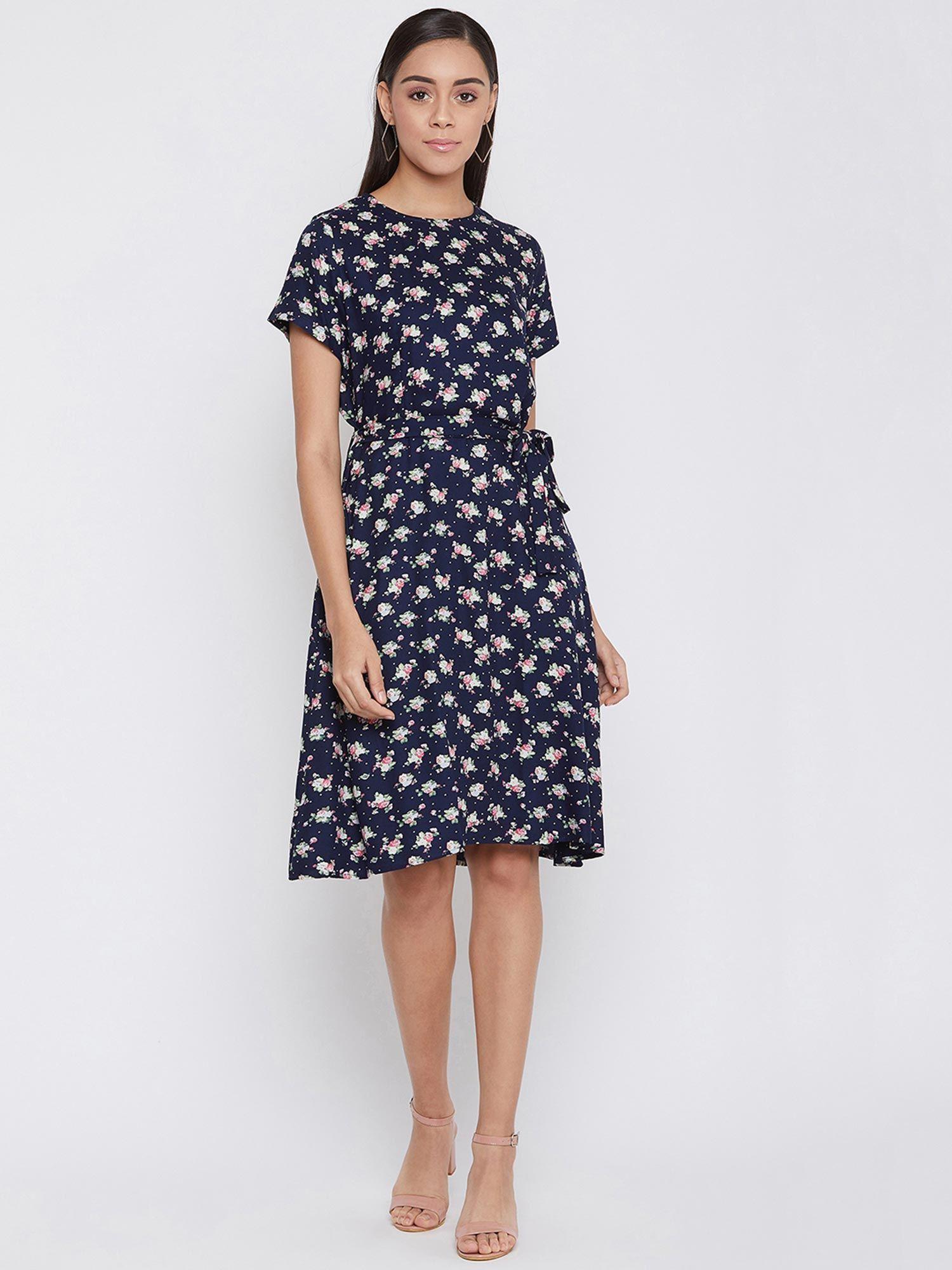 women's navy blue floral knee length