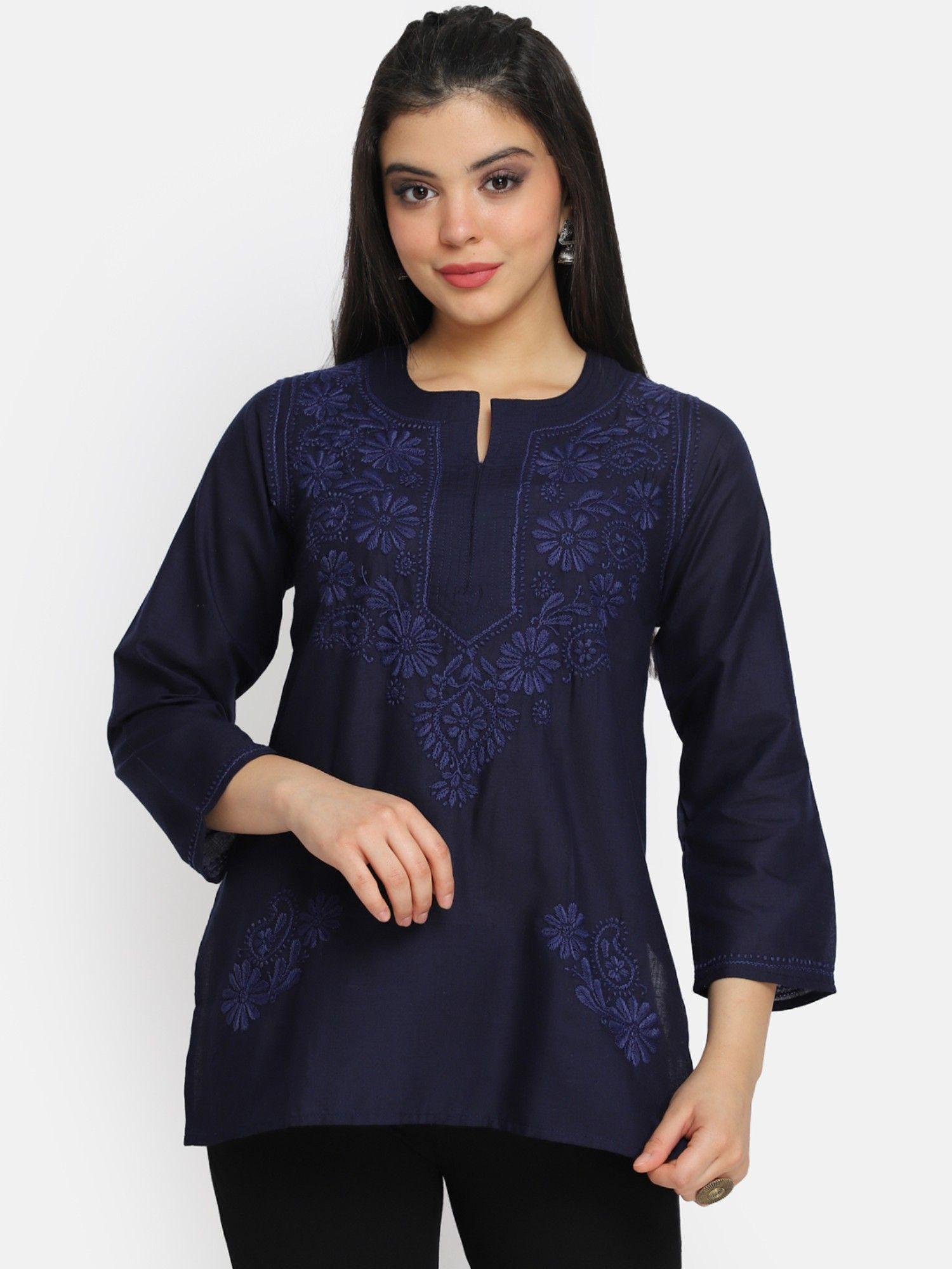 women's navy blue hand embroidered chikankari cotton short tunic