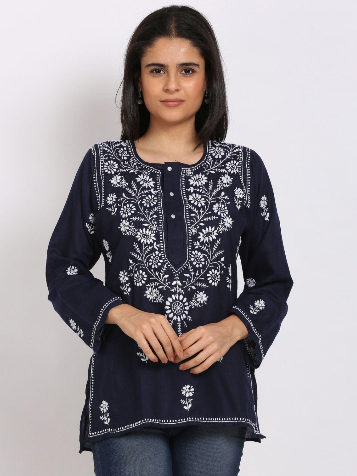 women's navy blue hand embroidered chikankari cotton short tunic