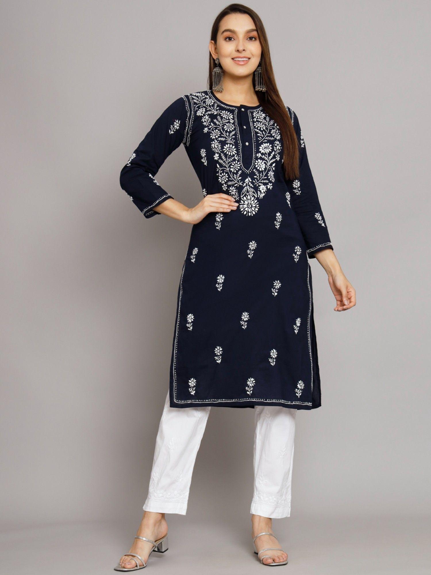 women's navy blue hand embroidered chikankari cotton straight kurta