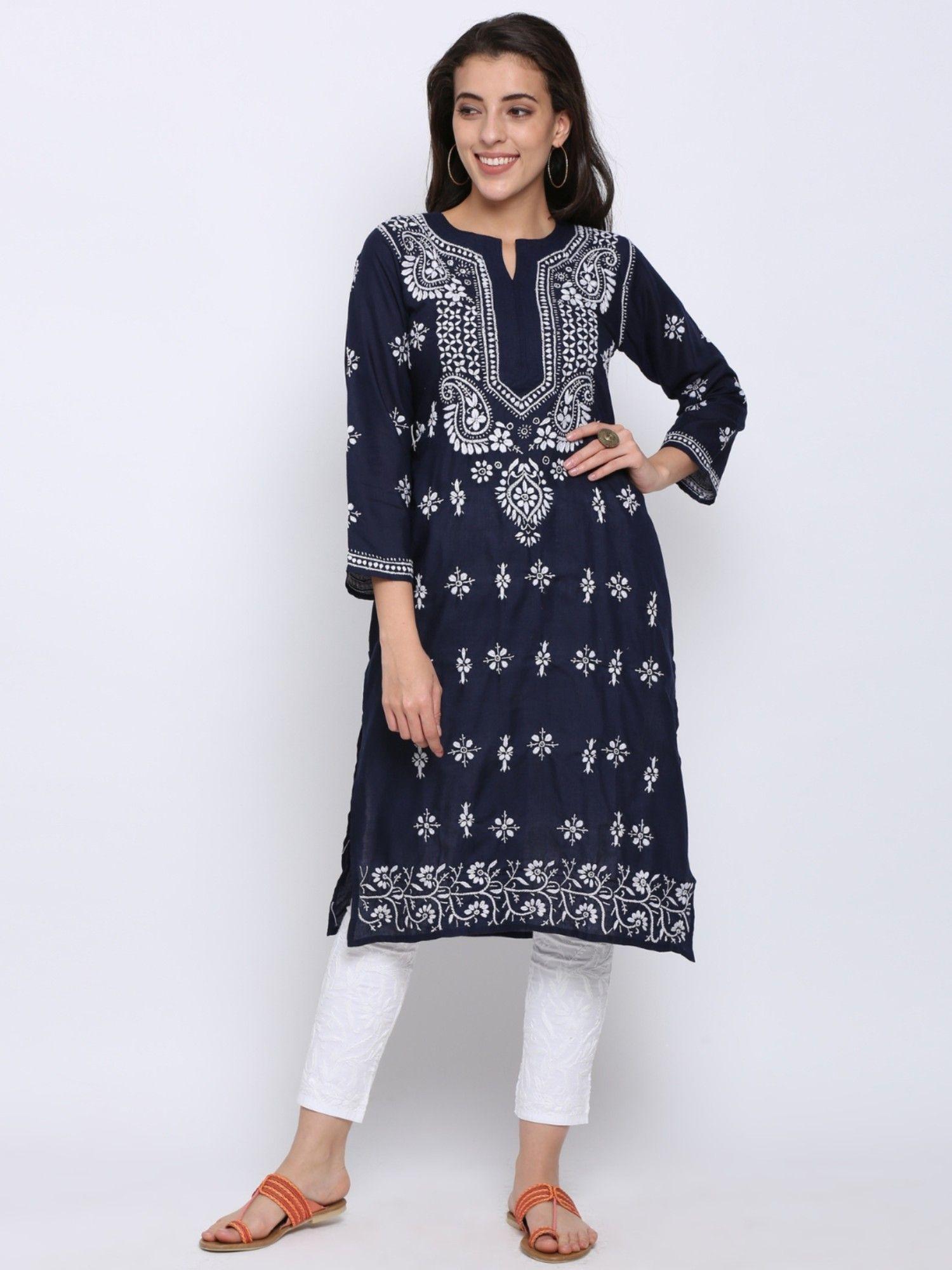 women's navy blue hand embroidered chikankari cotton straight kurta