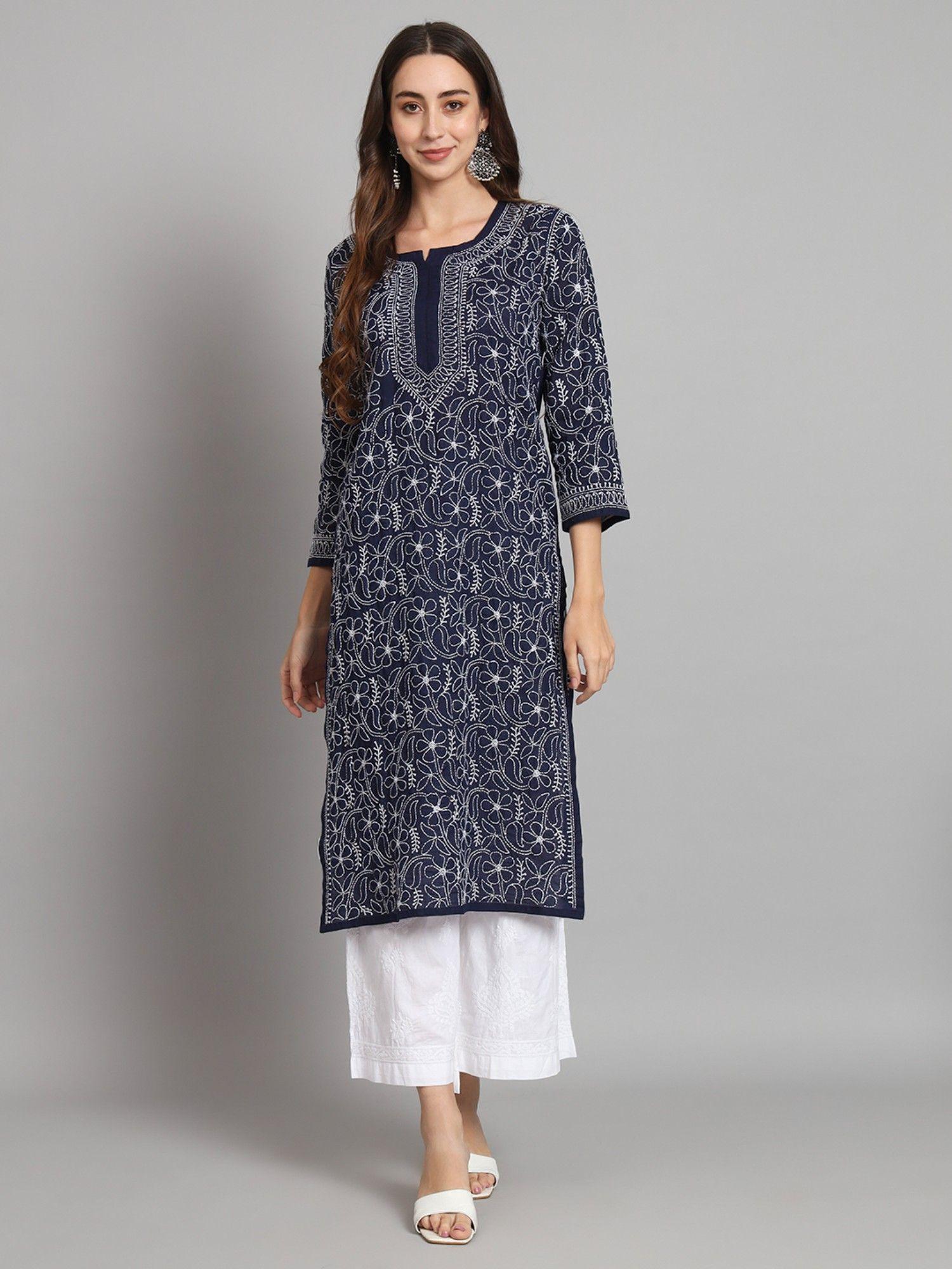 women's navy blue hand embroidered chikankari cotton straight kurta