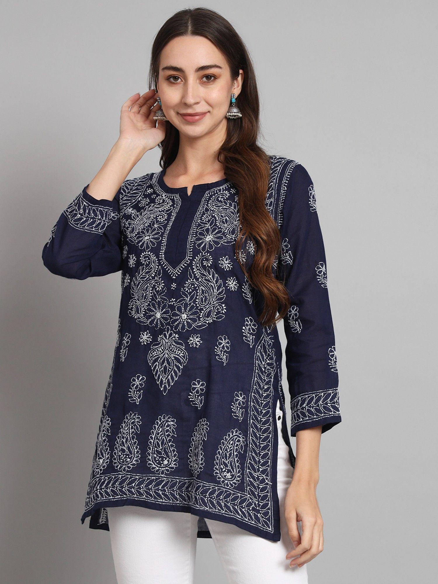 women's navy blue hand embroidered lucknowi chikankari cotton kurti