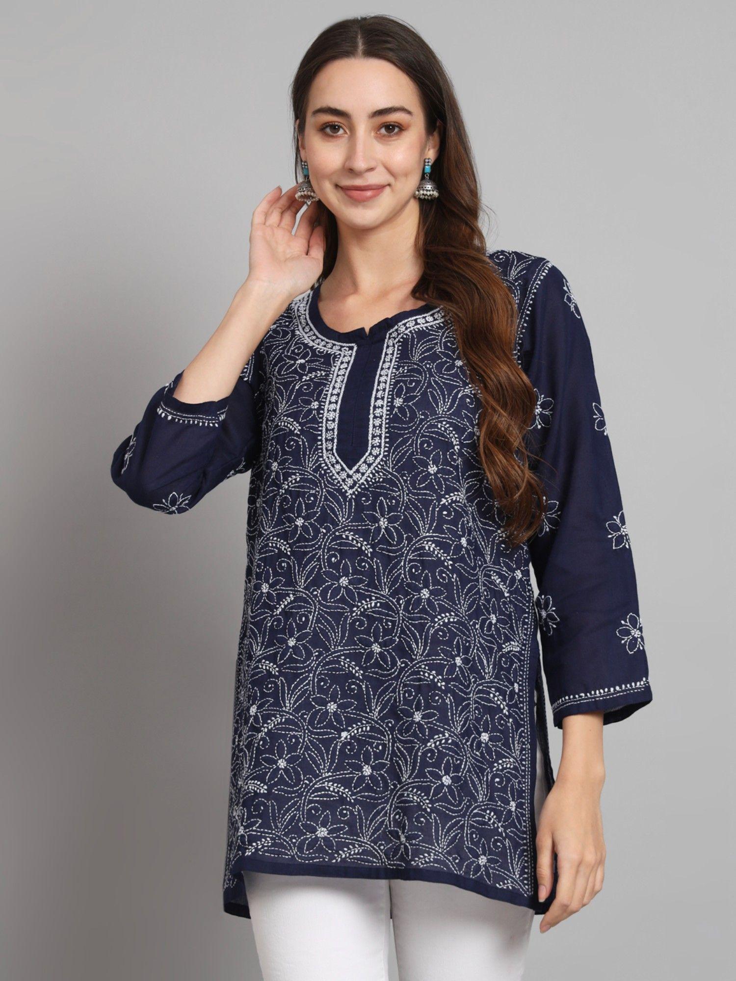 women's navy blue hand embroidered lucknowi chikankari cotton tunic